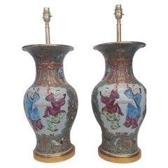 Antique Pair of 19th century Rose medallion vases, converted to lamps