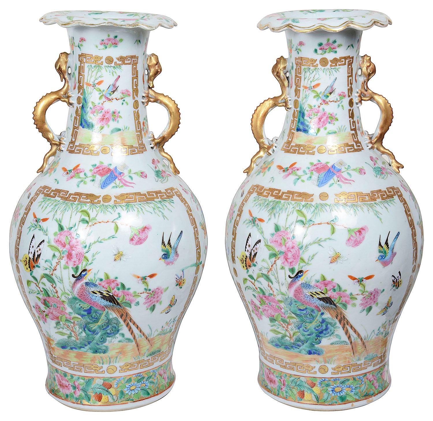 Chinese Pair of 19th Century Rose Medallion Vases / Lamps For Sale