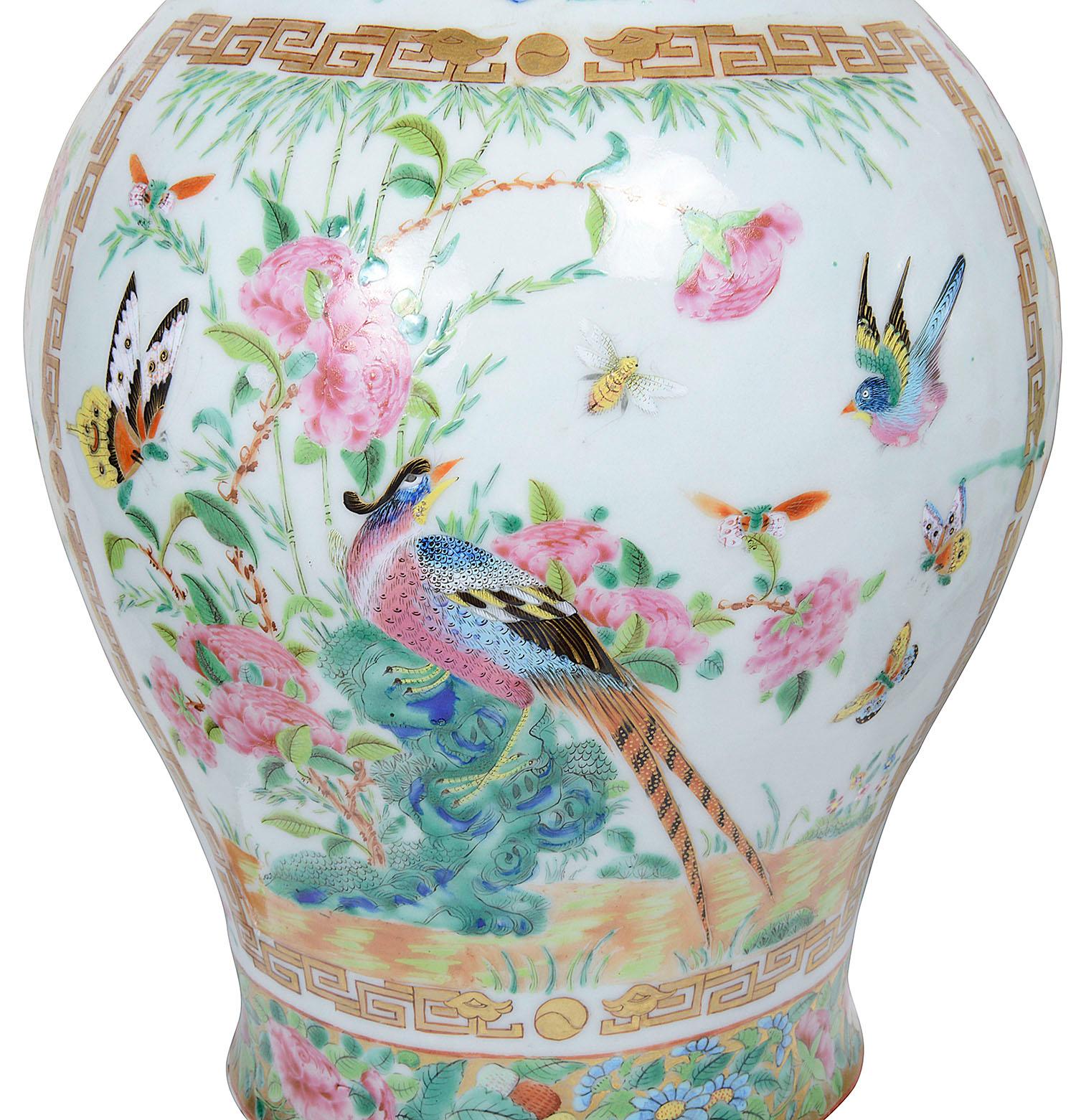 Hand-Painted Pair of 19th Century Rose Medallion Vases / Lamps For Sale