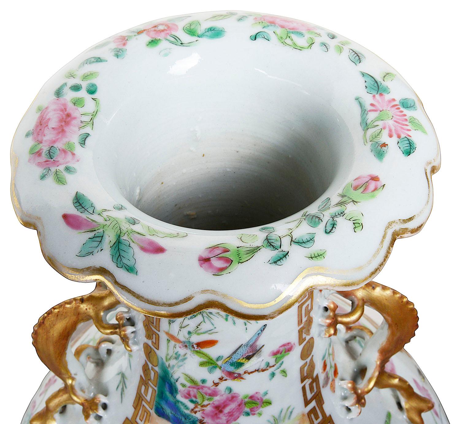 Porcelain Pair of 19th Century Rose Medallion Vases / Lamps For Sale