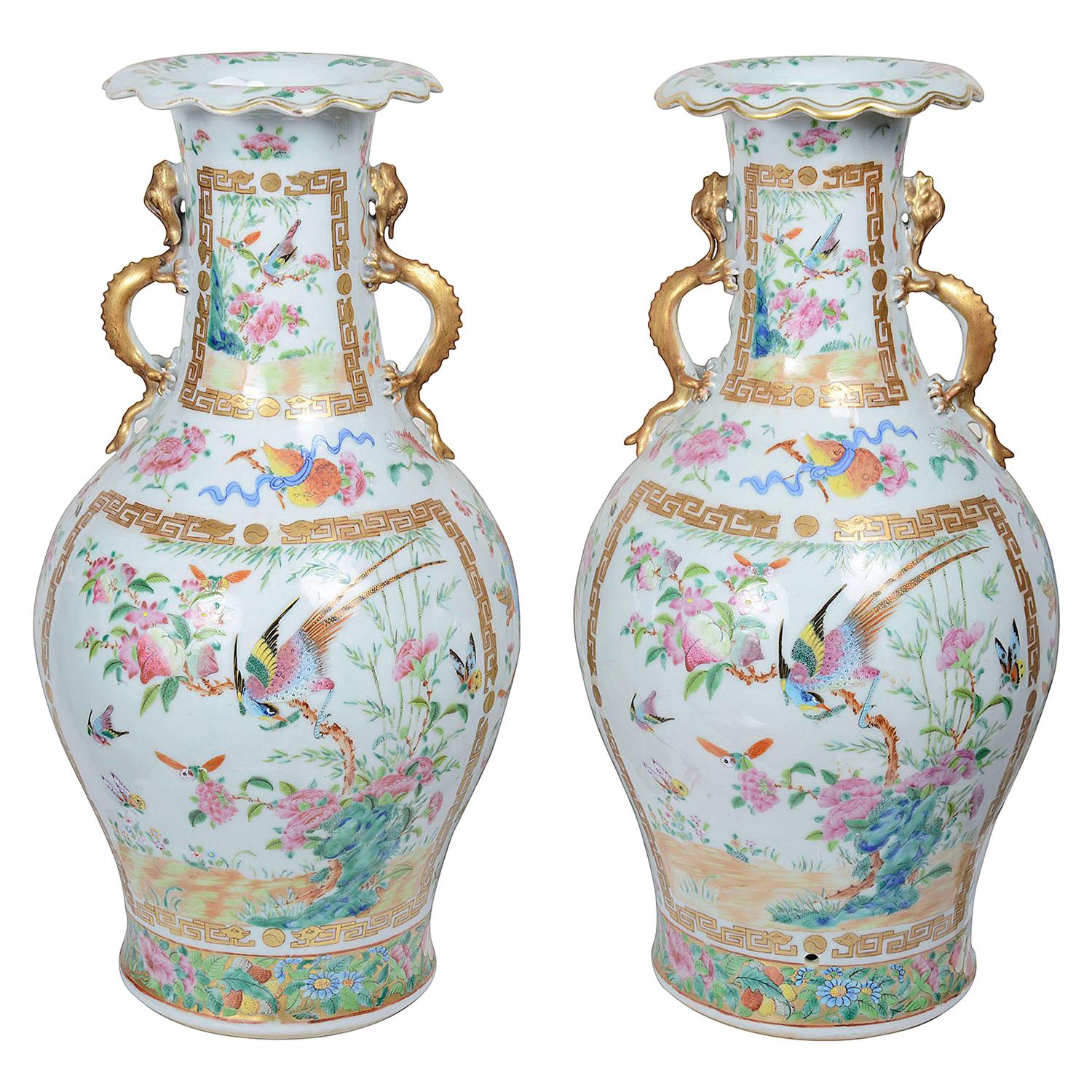 Pair of 19th Century Rose Medallion Vases / Lamps For Sale