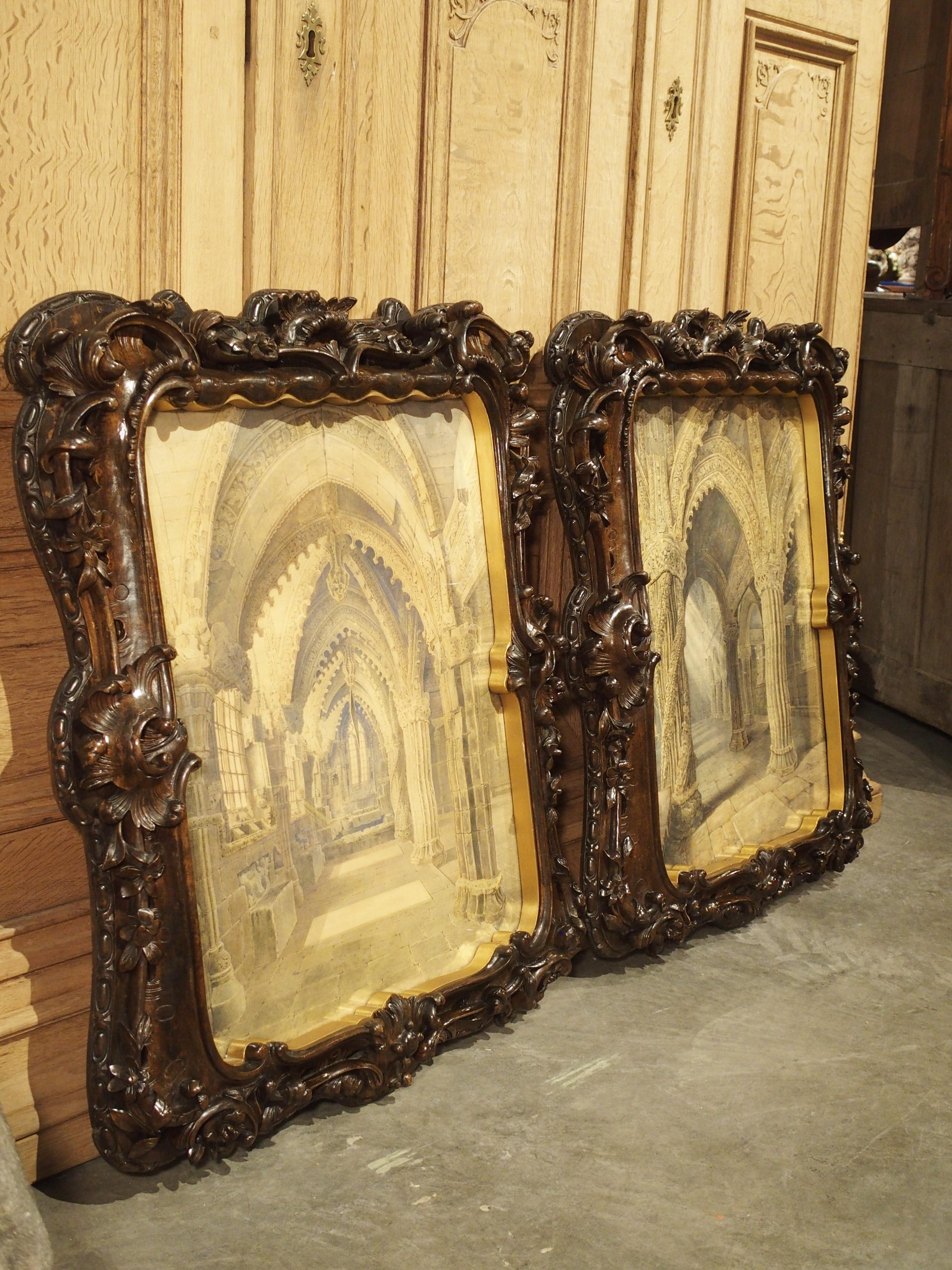 Pair of 19th Century Rosslyn Chapel Watercolors in Carved Fruitwood Frames 10