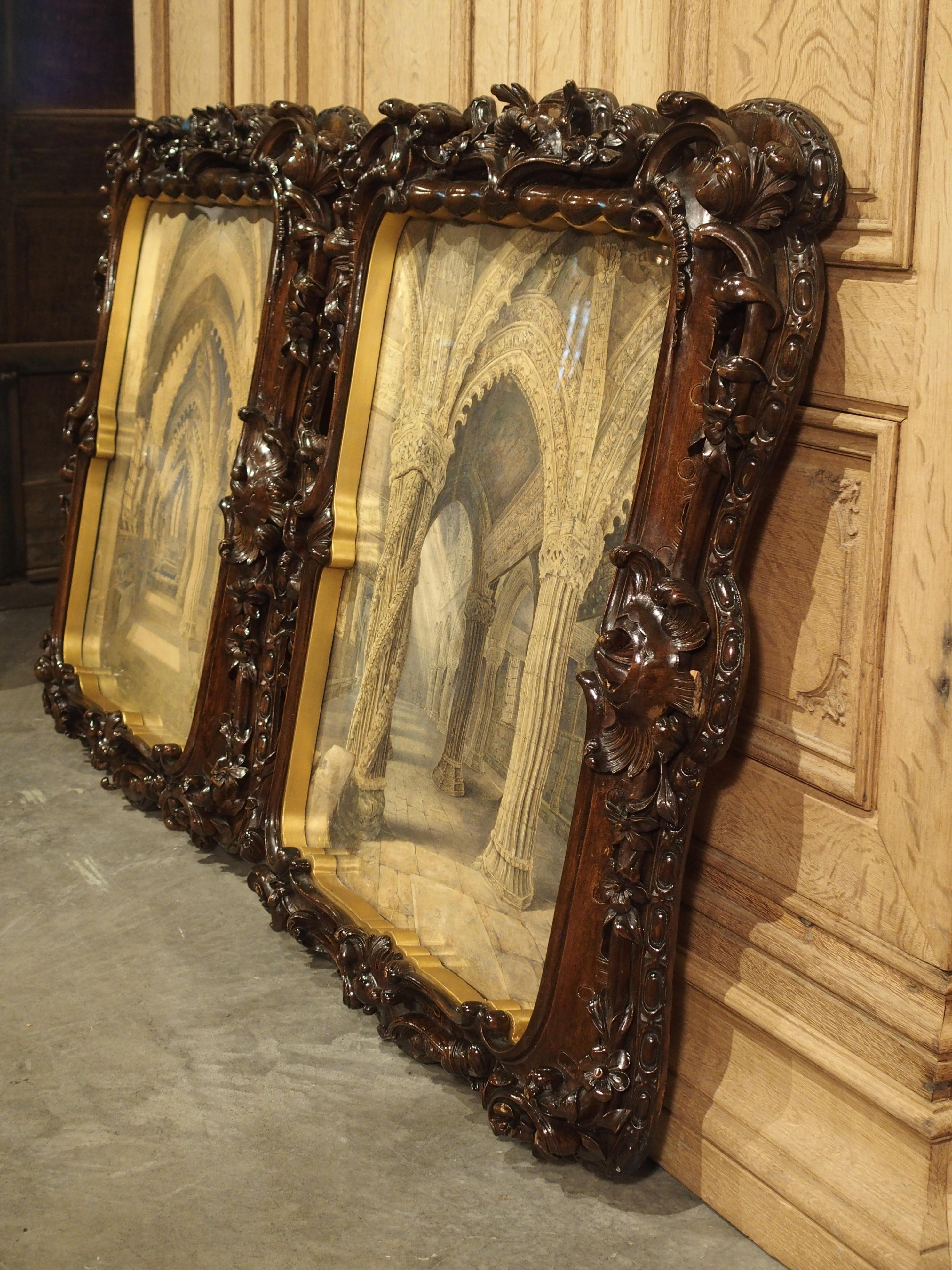 Pair of 19th Century Rosslyn Chapel Watercolors in Carved Fruitwood Frames 15