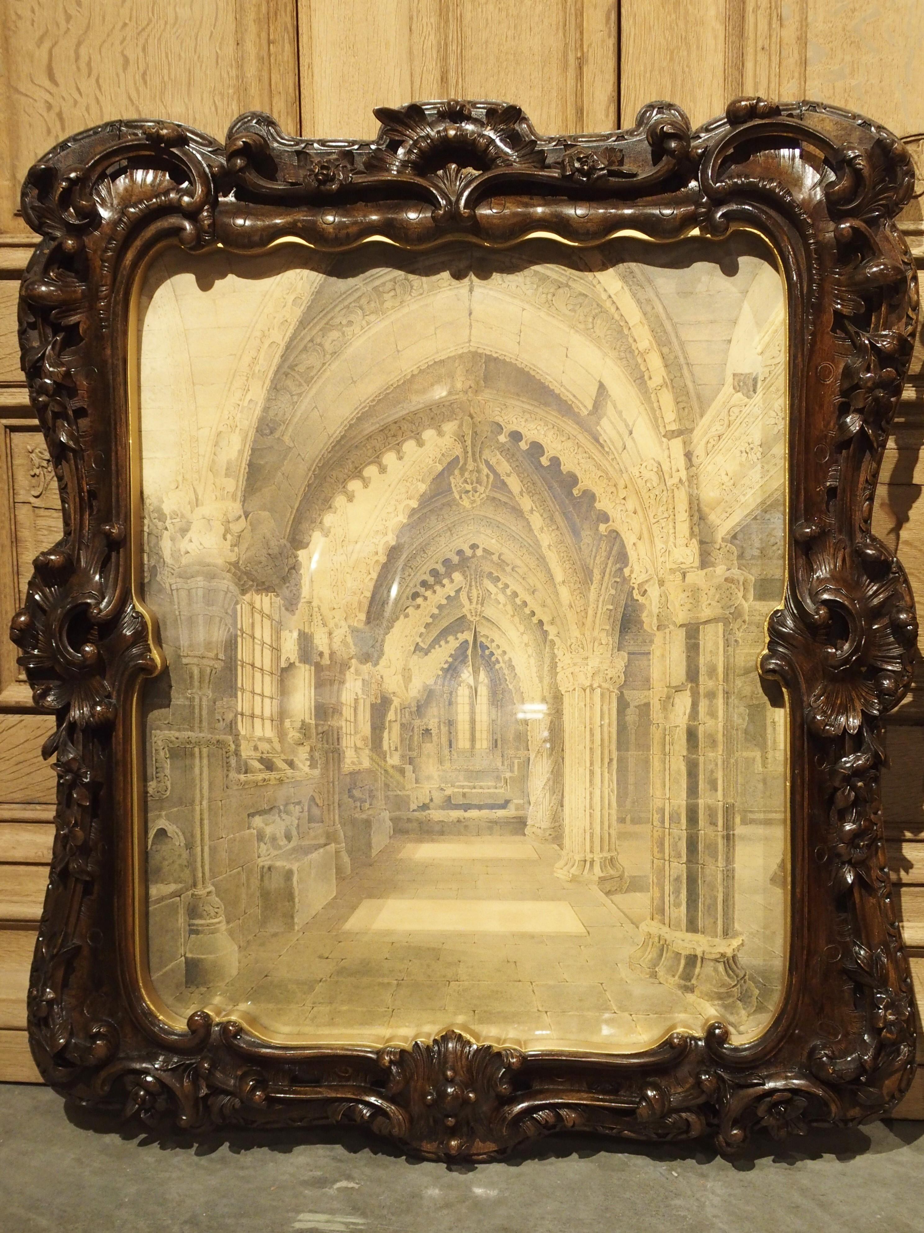 Hand-Carved Pair of 19th Century Rosslyn Chapel Watercolors in Carved Fruitwood Frames