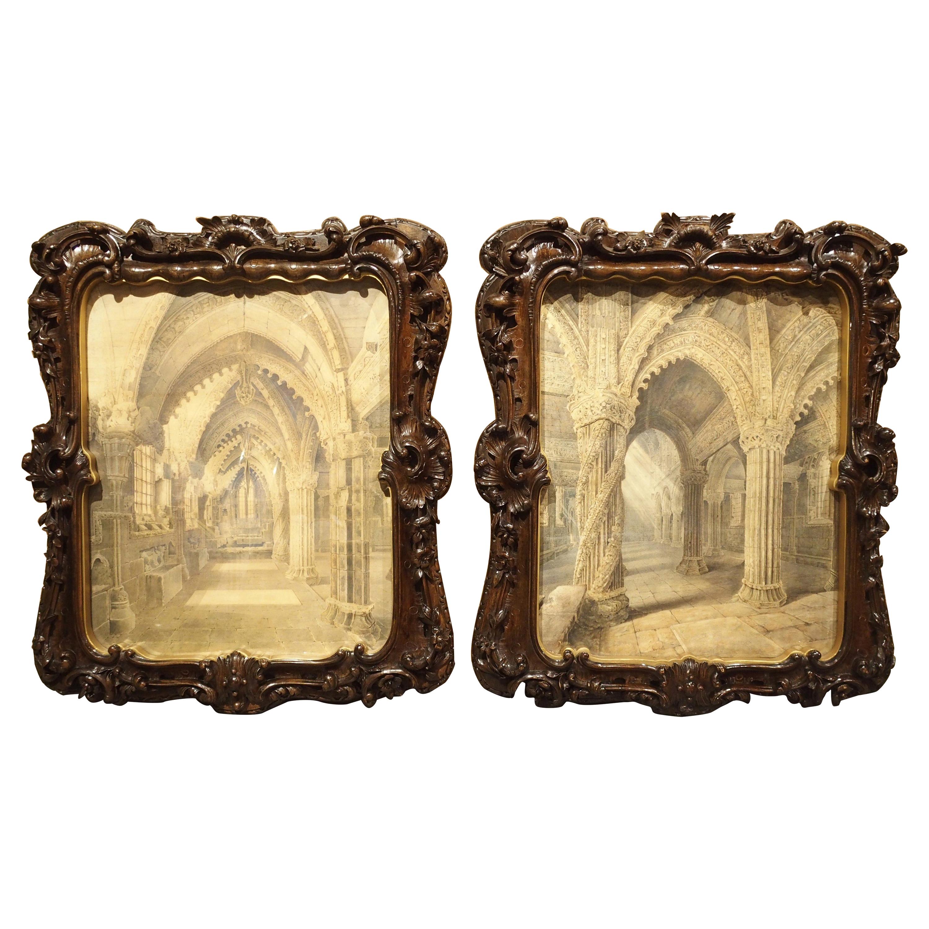 Pair of 19th Century Rosslyn Chapel Watercolors in Carved Fruitwood Frames