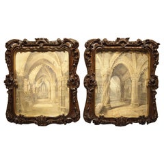 Antique Pair of 19th Century Rosslyn Chapel Watercolors in Carved Fruitwood Frames