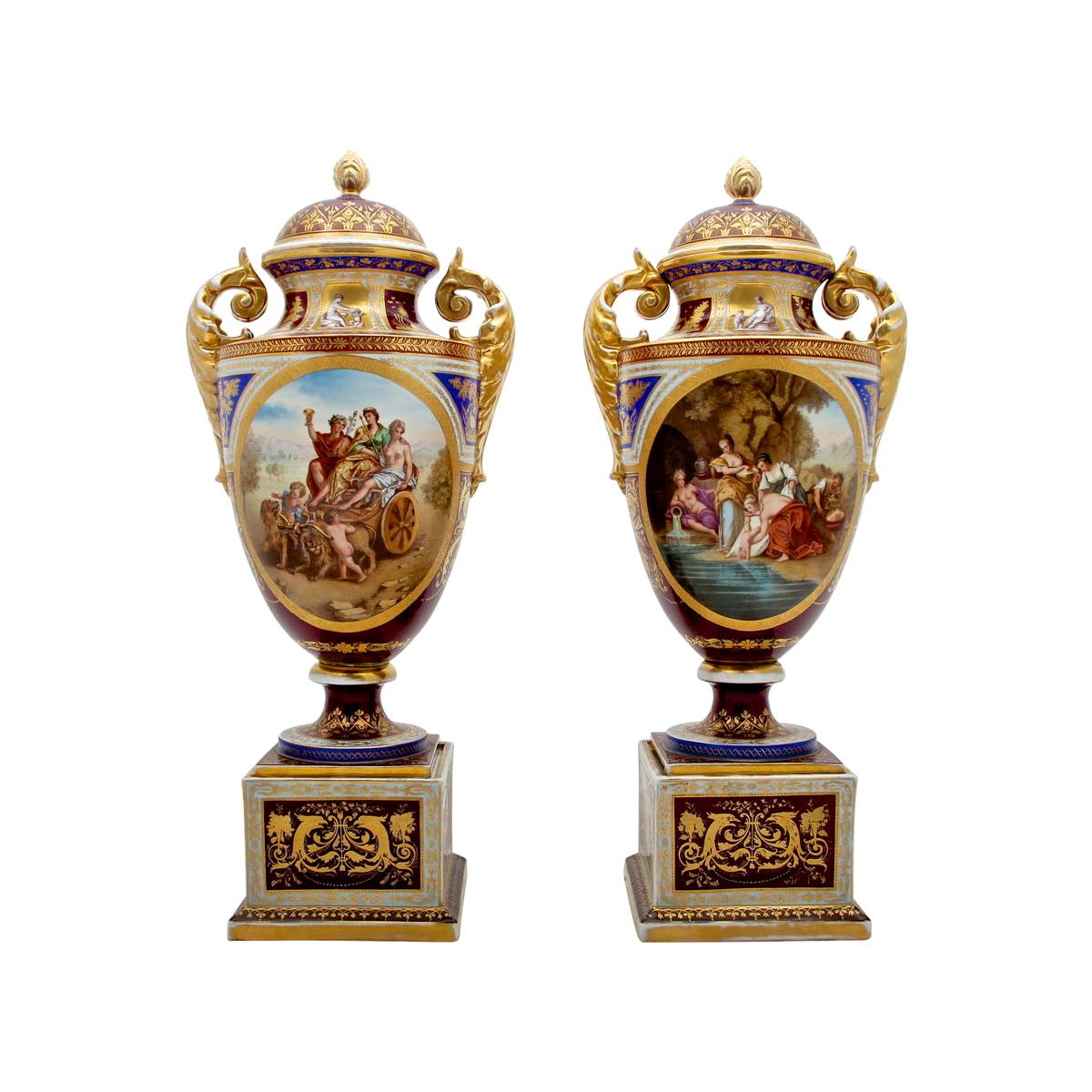 Pair of Royal Vienna Porcelain Vases and Covers  For Sale