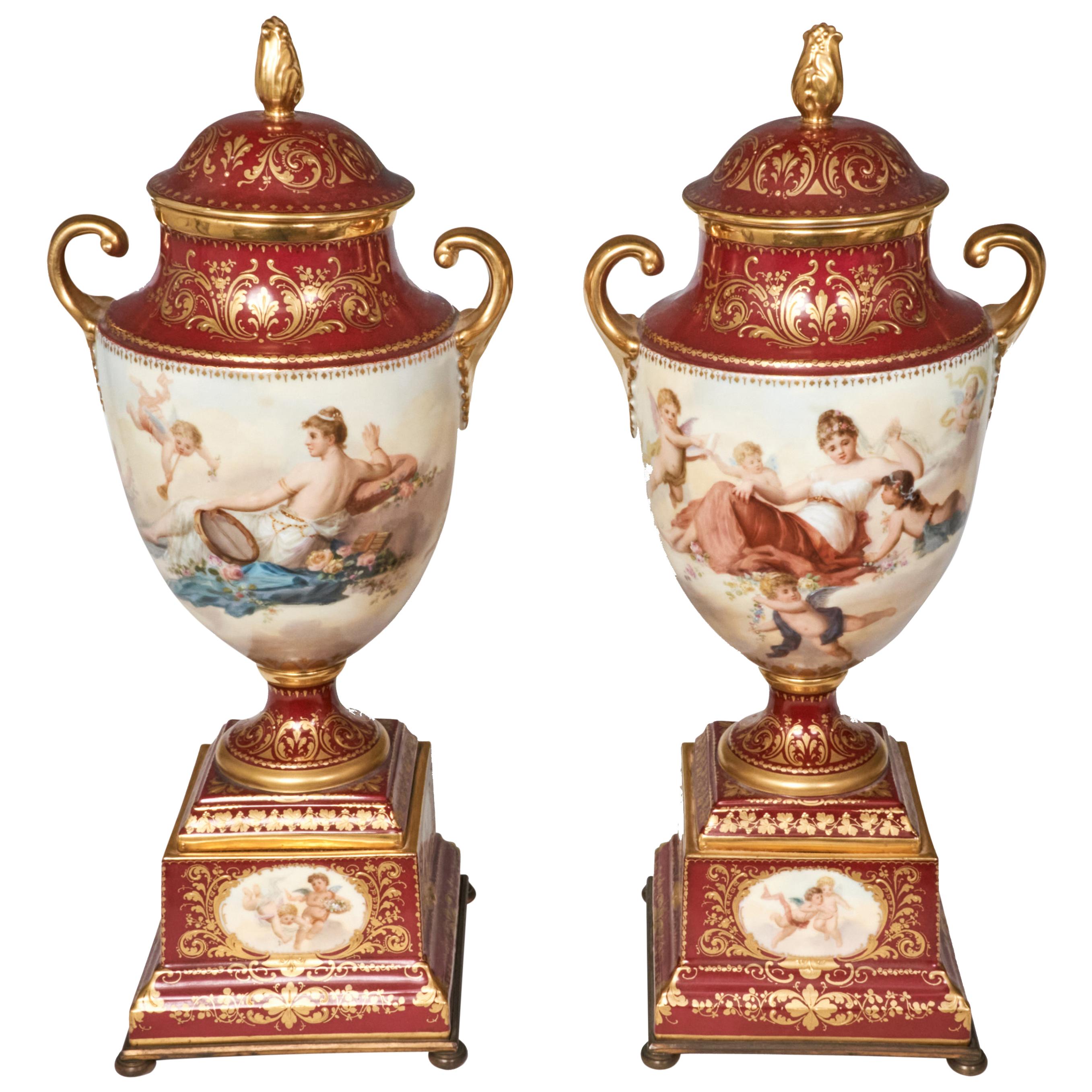Pair of 19th Century Royal Vienna Urns, Signed