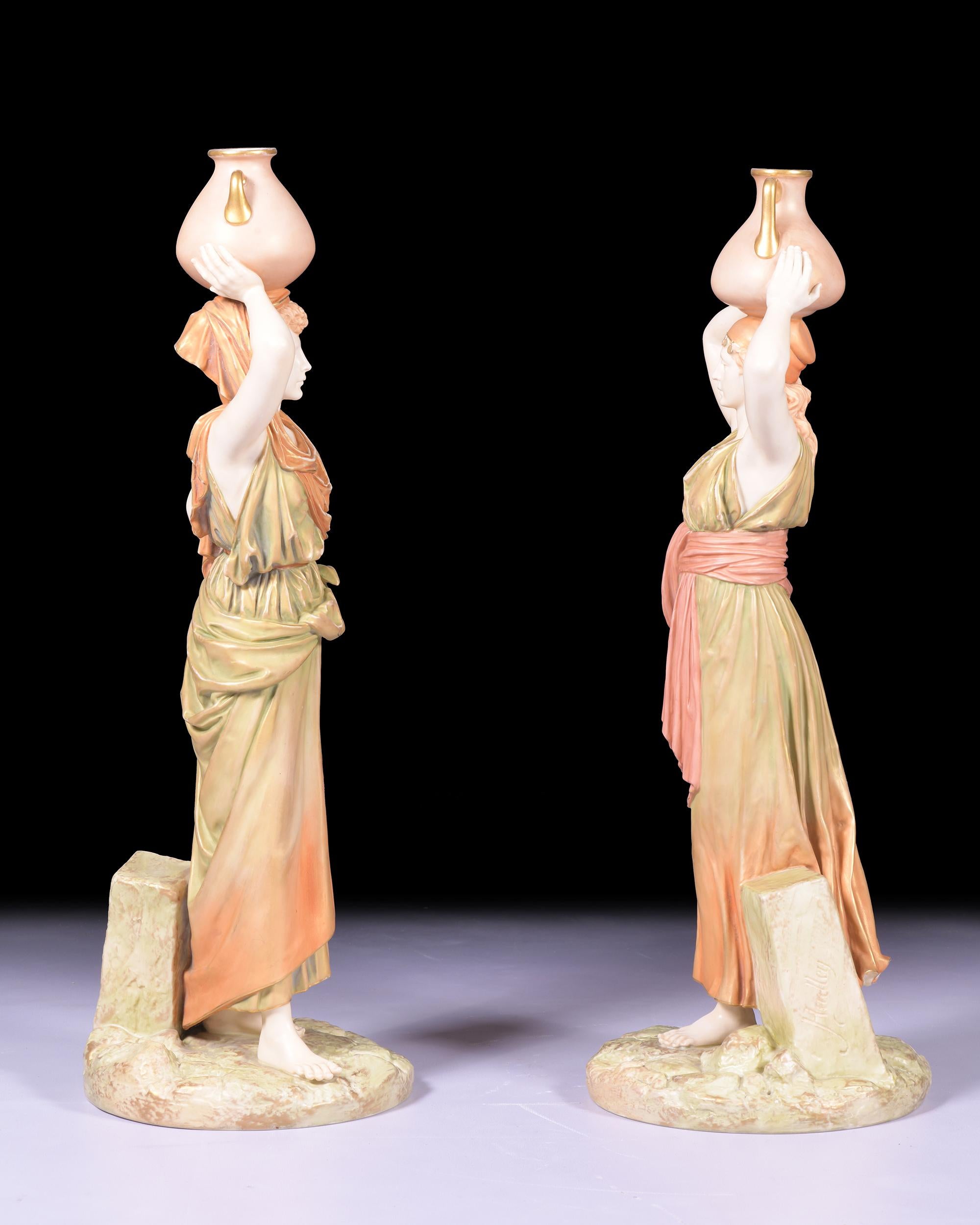 Victorian Pair of 19th Century Royal Worcester Grecian Water Carriers by James Hadley