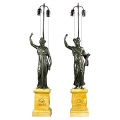 Antique Pair of 19th Century Russian Empire Bronze and Marble Figures as Lamps