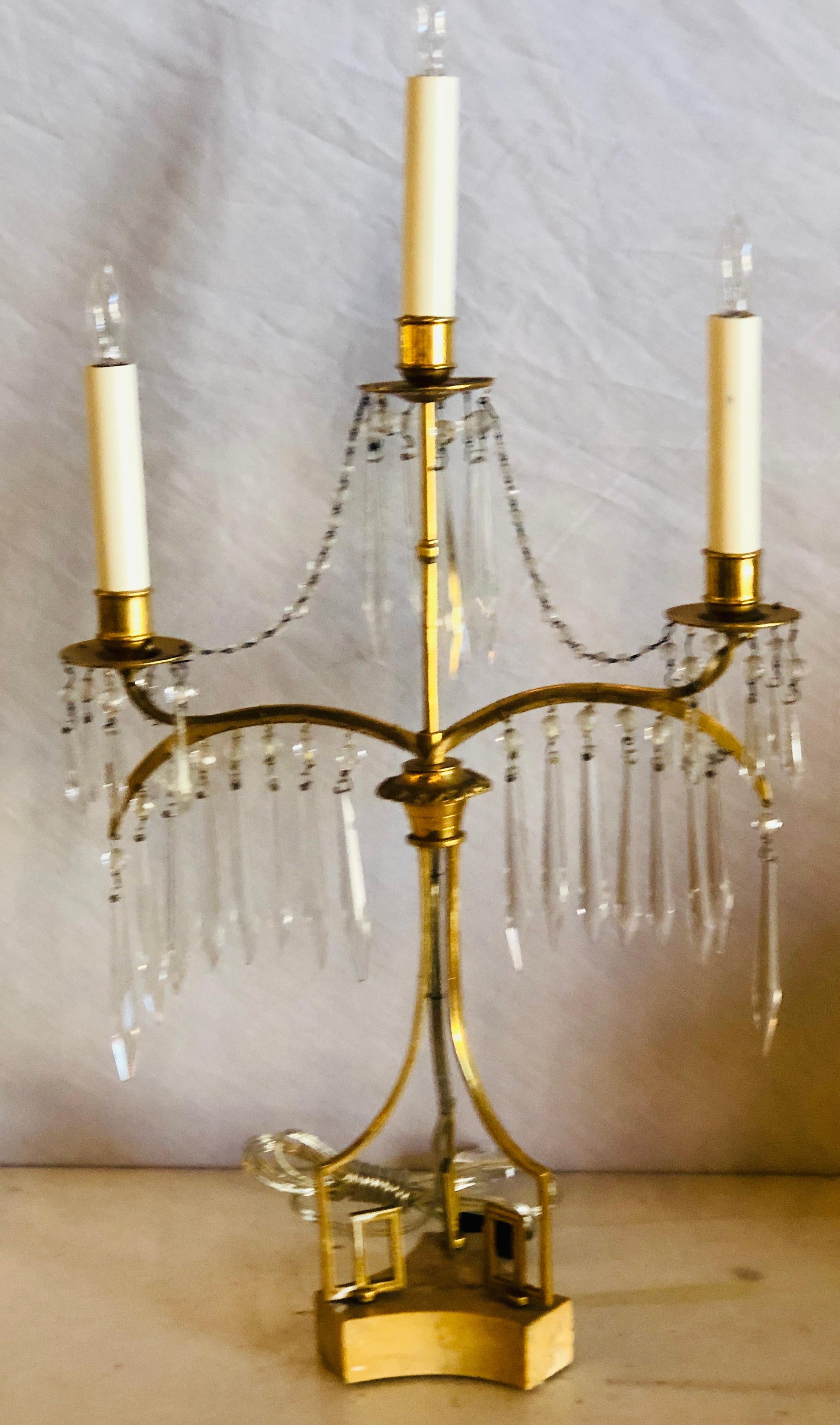 Pair of 19th Century Russian Neoclassical Table Lamp, Dore Bronze, Crystal For Sale 4