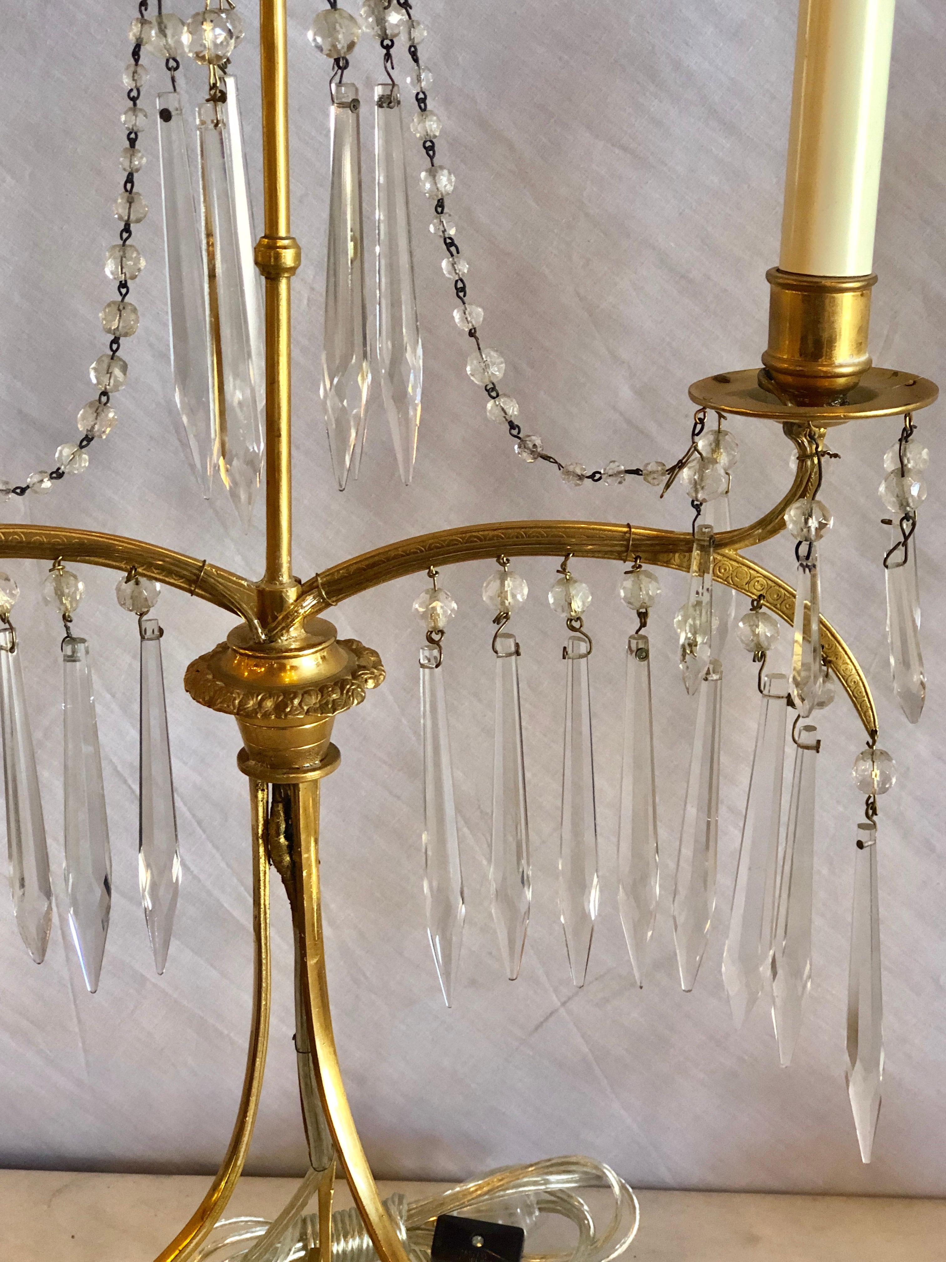 Crystal Pair of 19th Century Russian Neoclassical Gilded Bronze Table Lamp For Sale