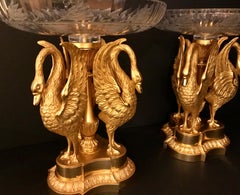 Pair of 19th Century Russian Ormolu and Baccarat Cut Crystal Swan Centerpieces