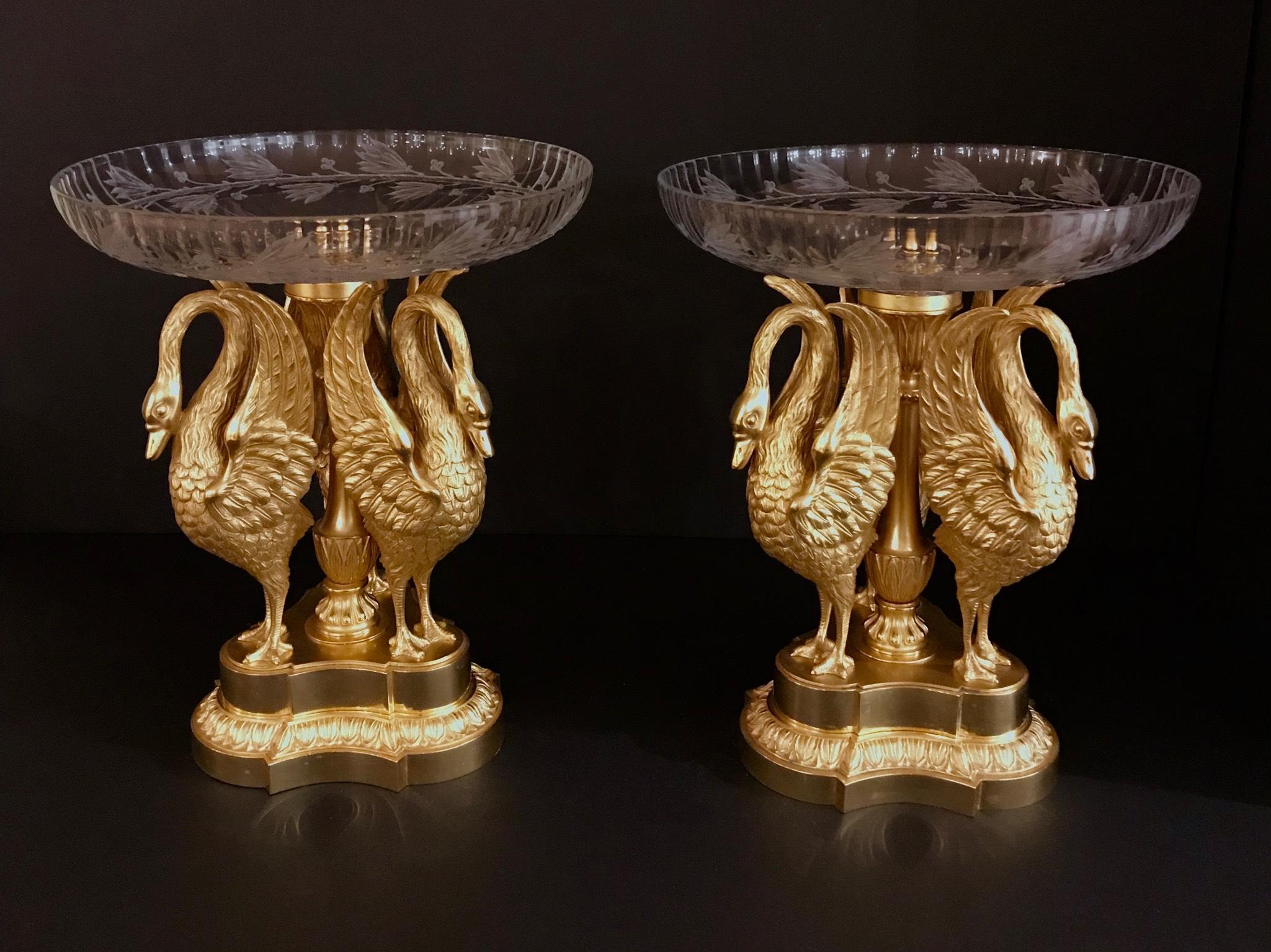Engraved Pair of 19th Century Russian Ormolu and Baccarat Cut Crystal Swan Centerpieces For Sale