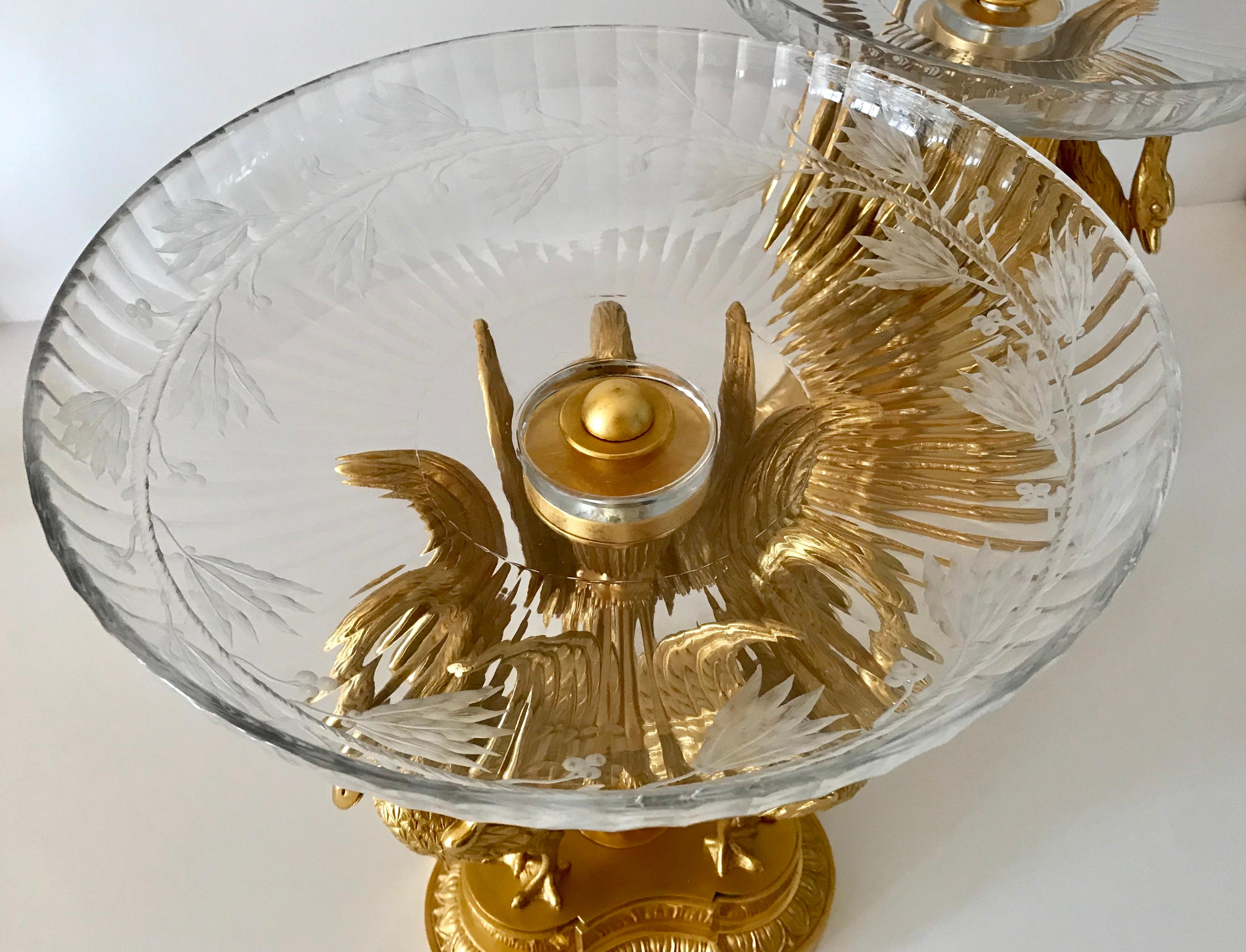 Pair of 19th Century Russian Ormolu and Baccarat Cut Crystal Swan Centerpieces In Good Condition For Sale In Essex, MA