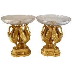 Antique Pair of 19th Century Russian Ormolu and Baccarat Cut Crystal Swan Centerpieces