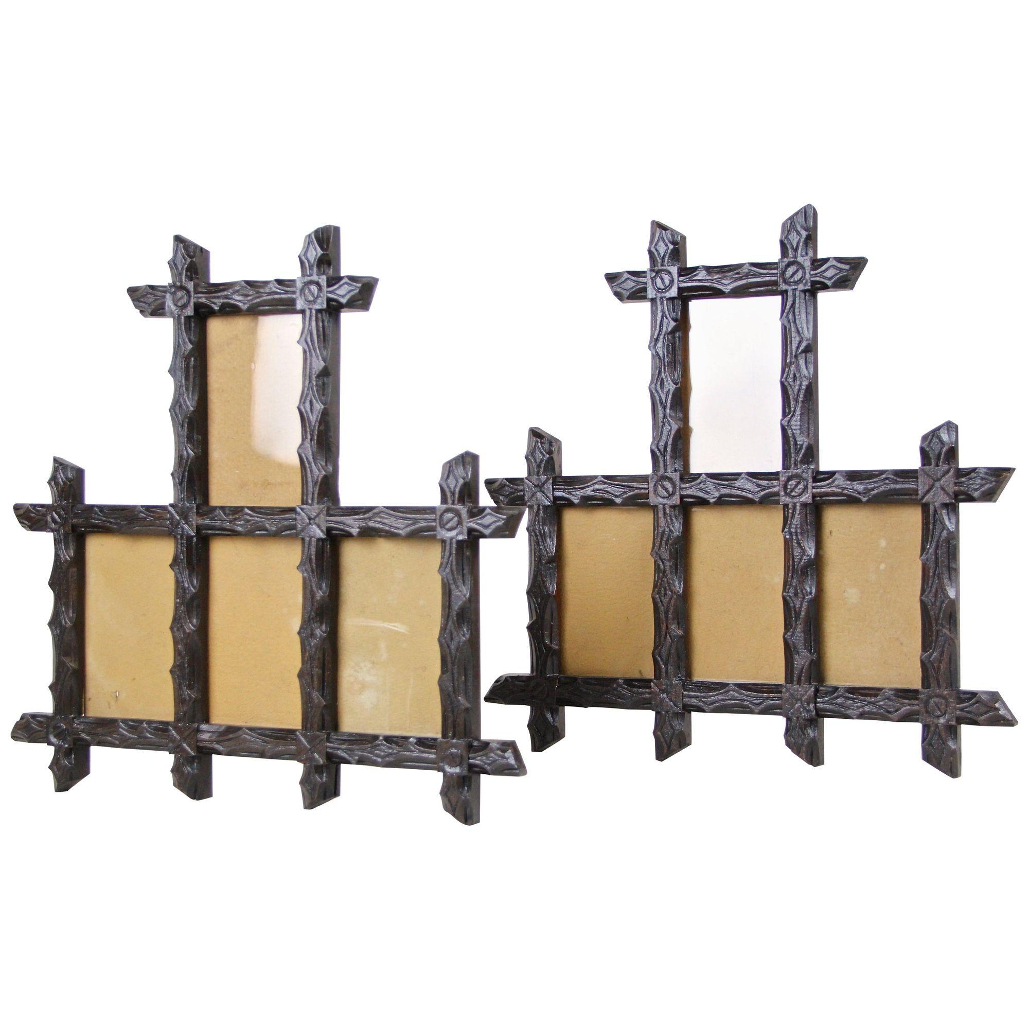 Fantastic set of two rustic, late 19th century Black Forest photo frames out of Austria. Artfully hand carved out of basswood, around 1880, these frames show a beautiful design combined with slightly protruding corners. This set of very decorative