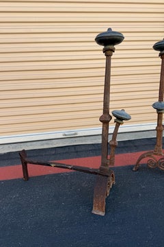 Pair of 19th Century Rustic Carved Iron and Bronze Fireplace Andirons