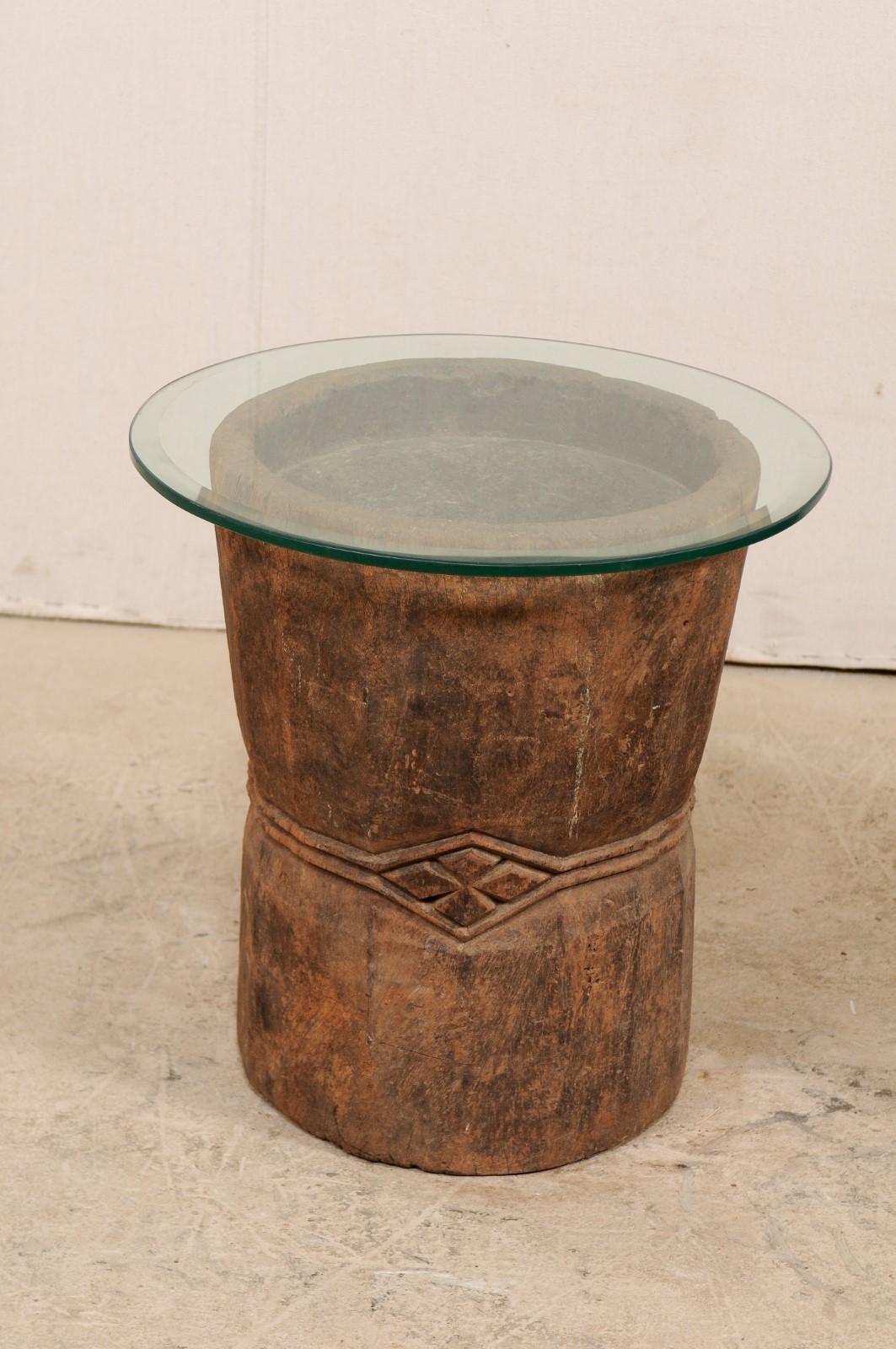 Carved Pair of 19th Century Rustic Wood Mortar and Glass Top Side Tables For Sale