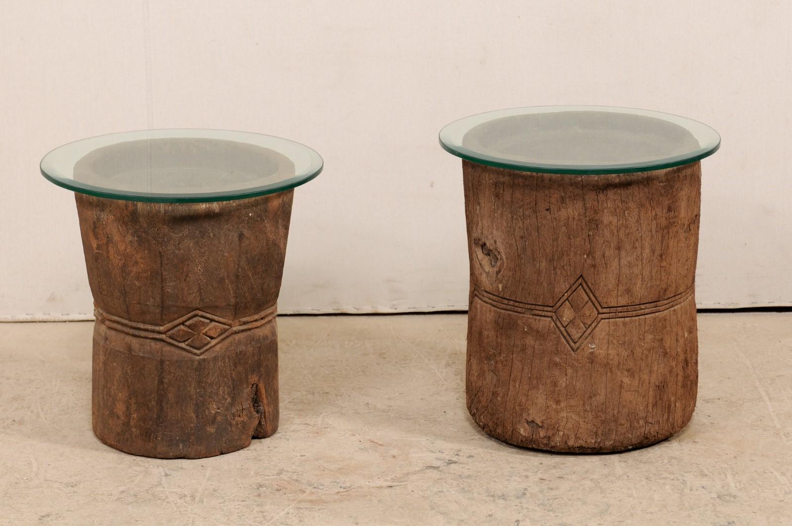 Pair of 19th Century Rustic Wood Mortar and Glass Top Side Tables For Sale 1