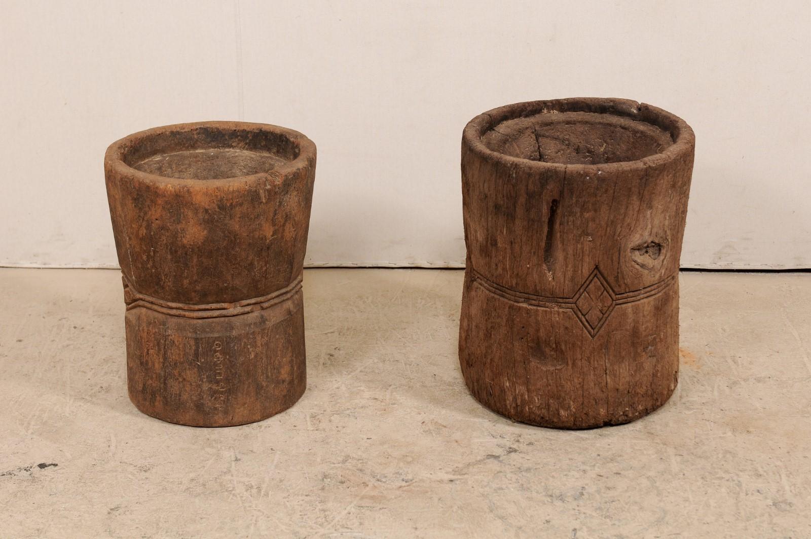 Pair of 19th Century Rustic Wood Mortar and Glass Top Side Tables For Sale 2
