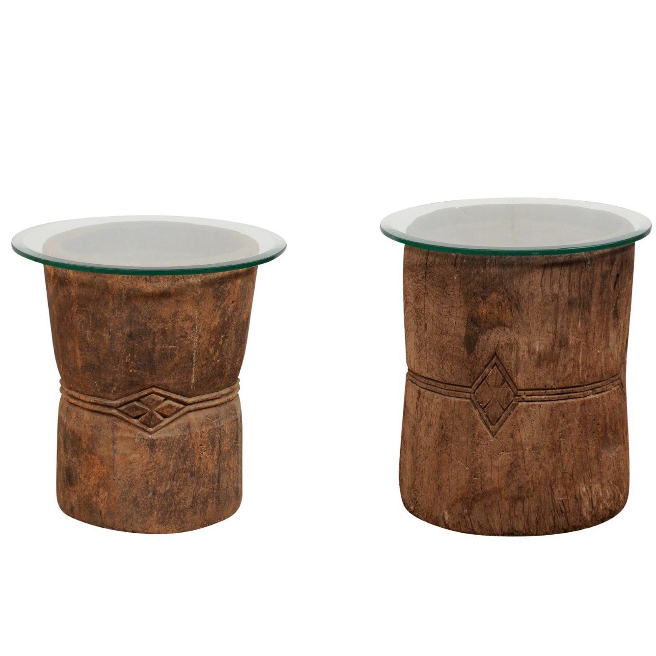 Pair of 19th Century Rustic Wood Mortar and Glass Top Side Tables For Sale