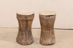 Pair of 19th Century Rustic Wood Mortar Side Tables with Antique Stone Tops