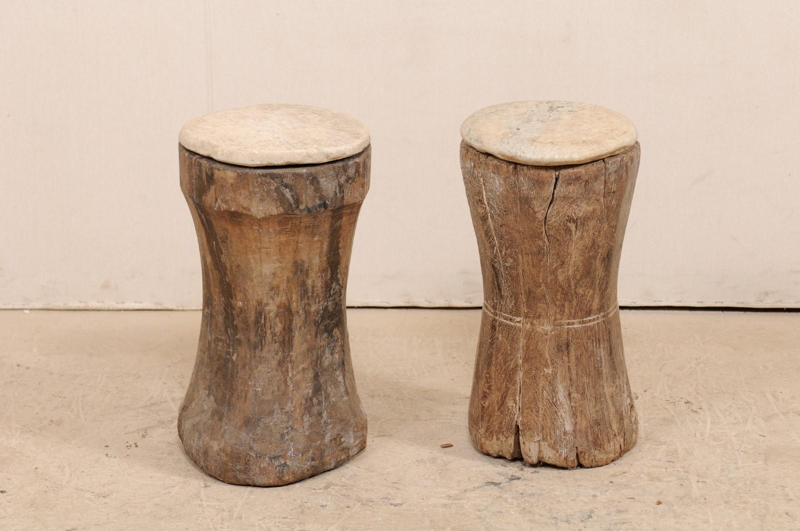 Indian Pair of 19th Century Rustic Wood Mortar Side Tables with Antique Stone Tops
