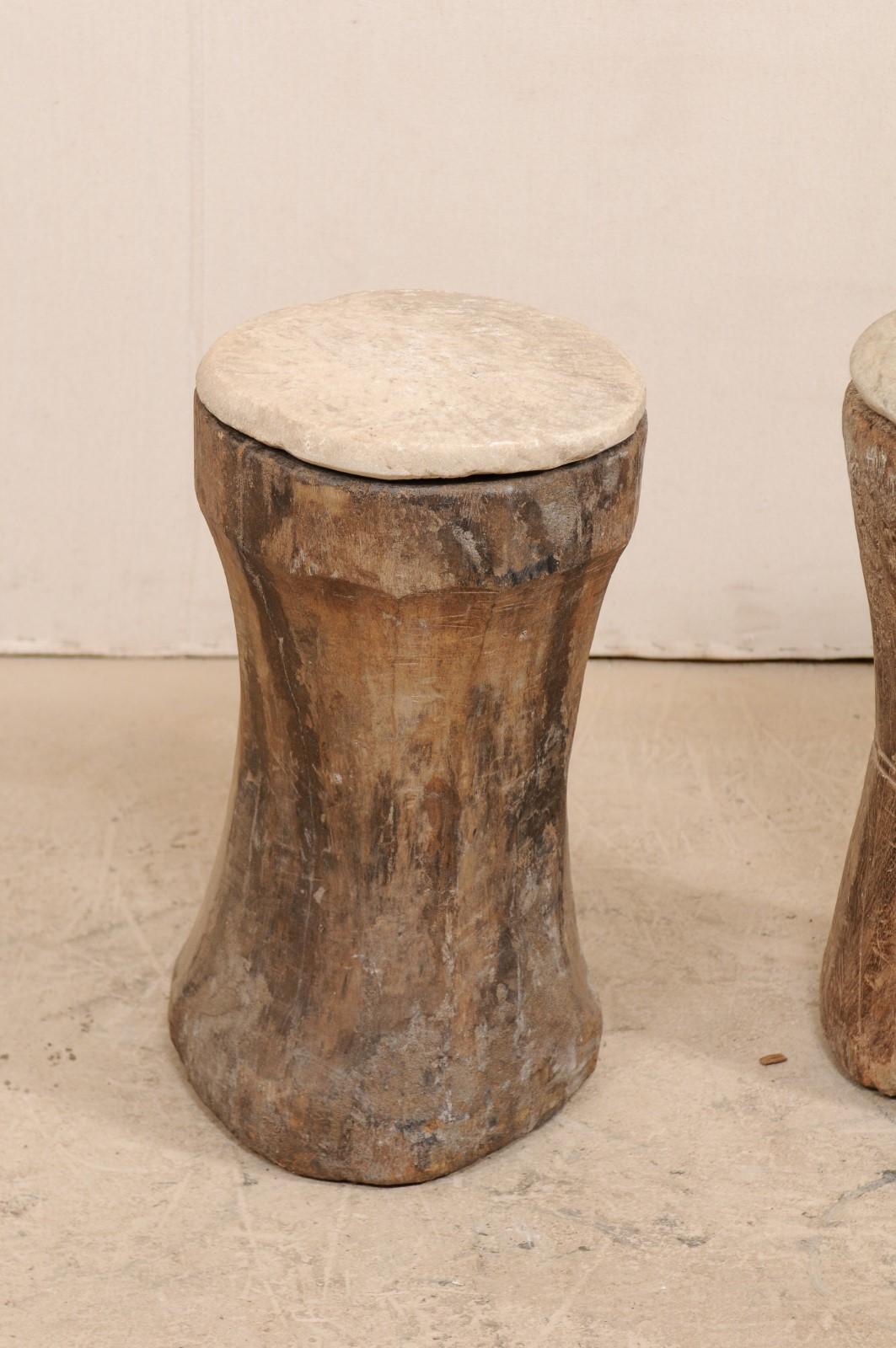 Hand-Carved Pair of 19th Century Rustic Wood Mortar Side Tables with Antique Stone Tops