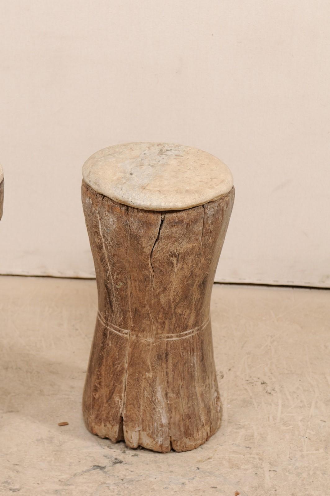 Pair of 19th Century Rustic Wood Mortar Side Tables with Antique Stone Tops In Good Condition In Atlanta, GA