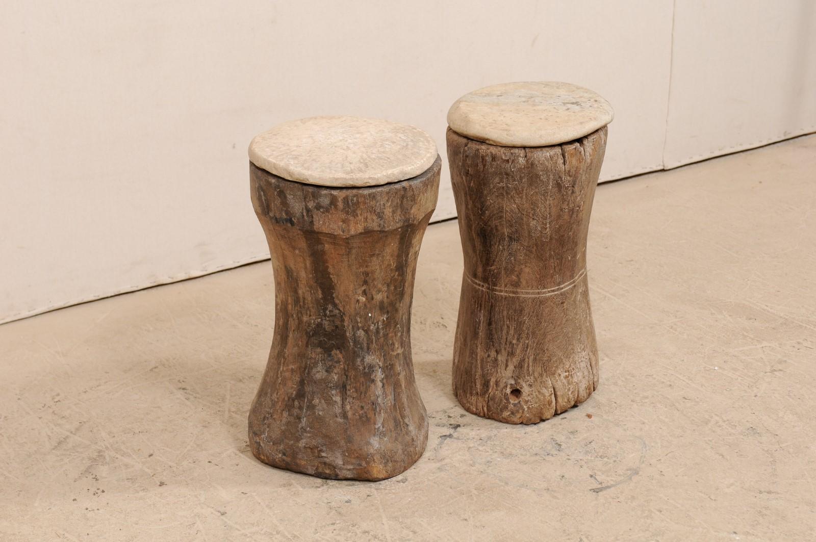 Pair of 19th Century Rustic Wood Mortar Side Tables with Antique Stone Tops 1
