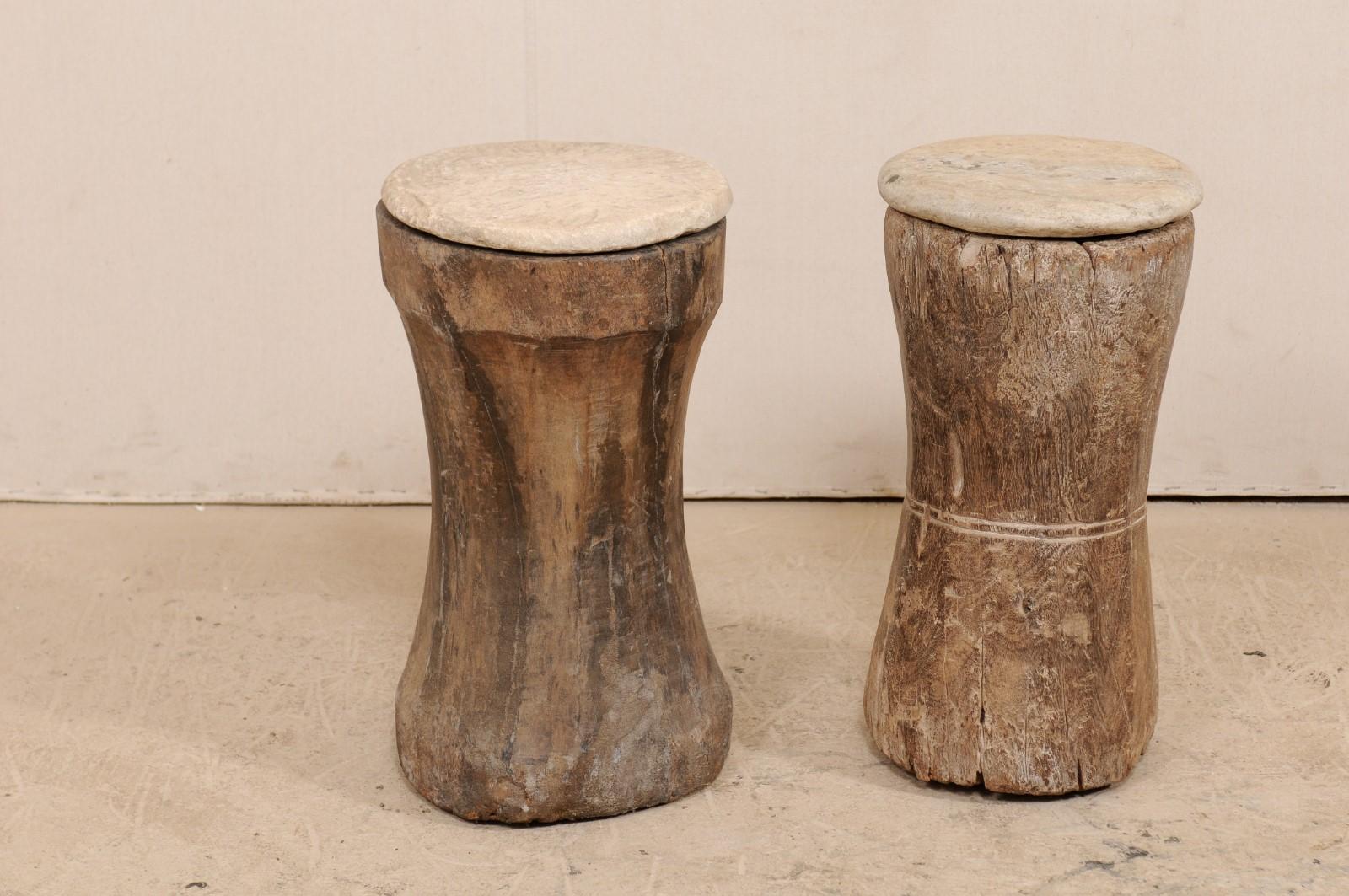 Pair of 19th Century Rustic Wood Mortar Side Tables with Antique Stone Tops 2