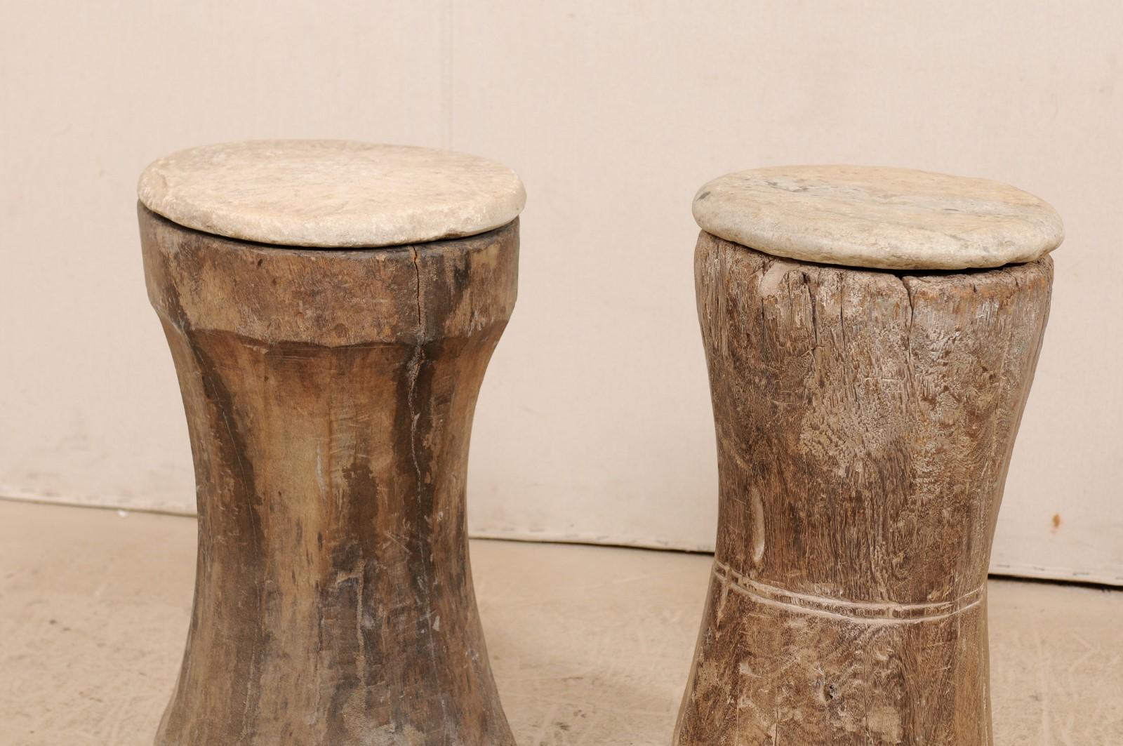 Pair of 19th Century Rustic Wood Mortar Side Tables with Antique Stone Tops 4