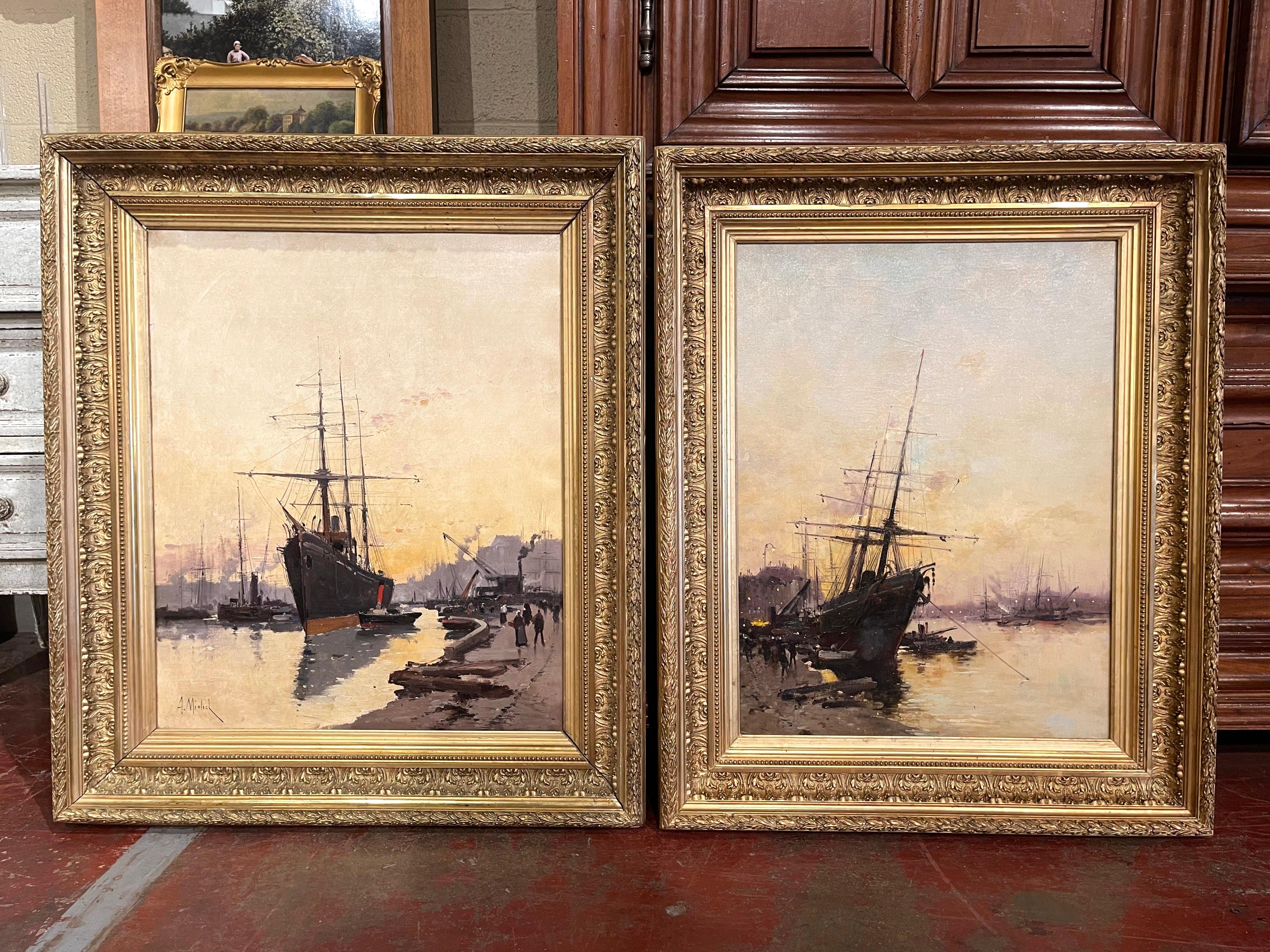 Carved Pair of 19th Century Sailboat Oil Paintings Signed A Michel for E. Galien-Laloue For Sale