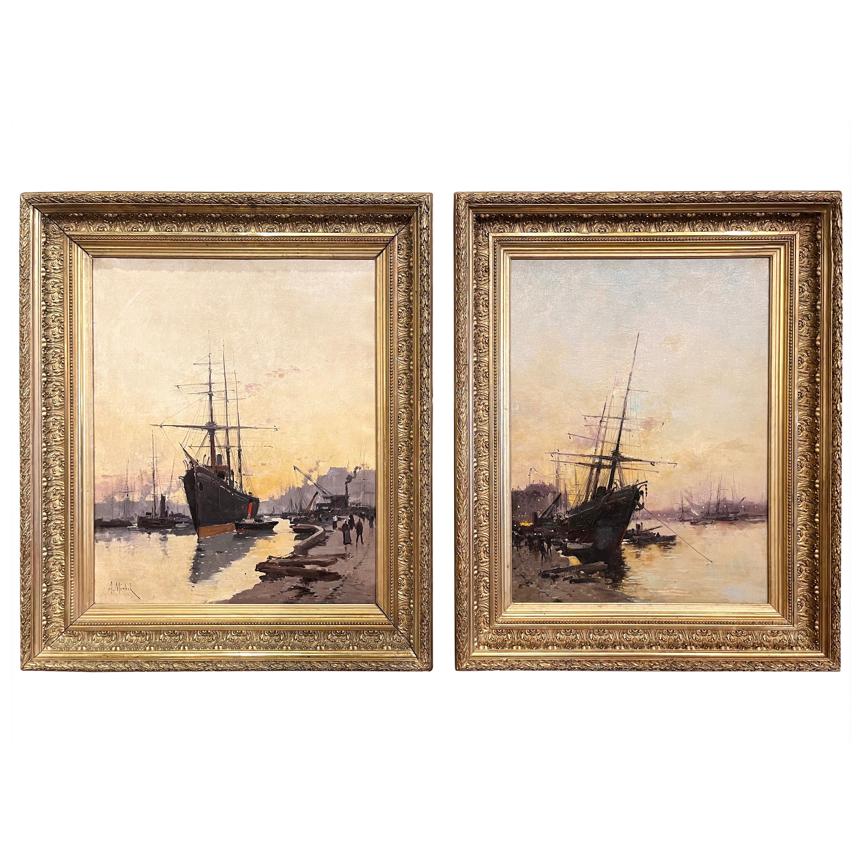 Zwei Segelboot-Ölgemälde des 19. Jahrhunderts, signiert A. Michel für E. Galien-Laloue im Angebot