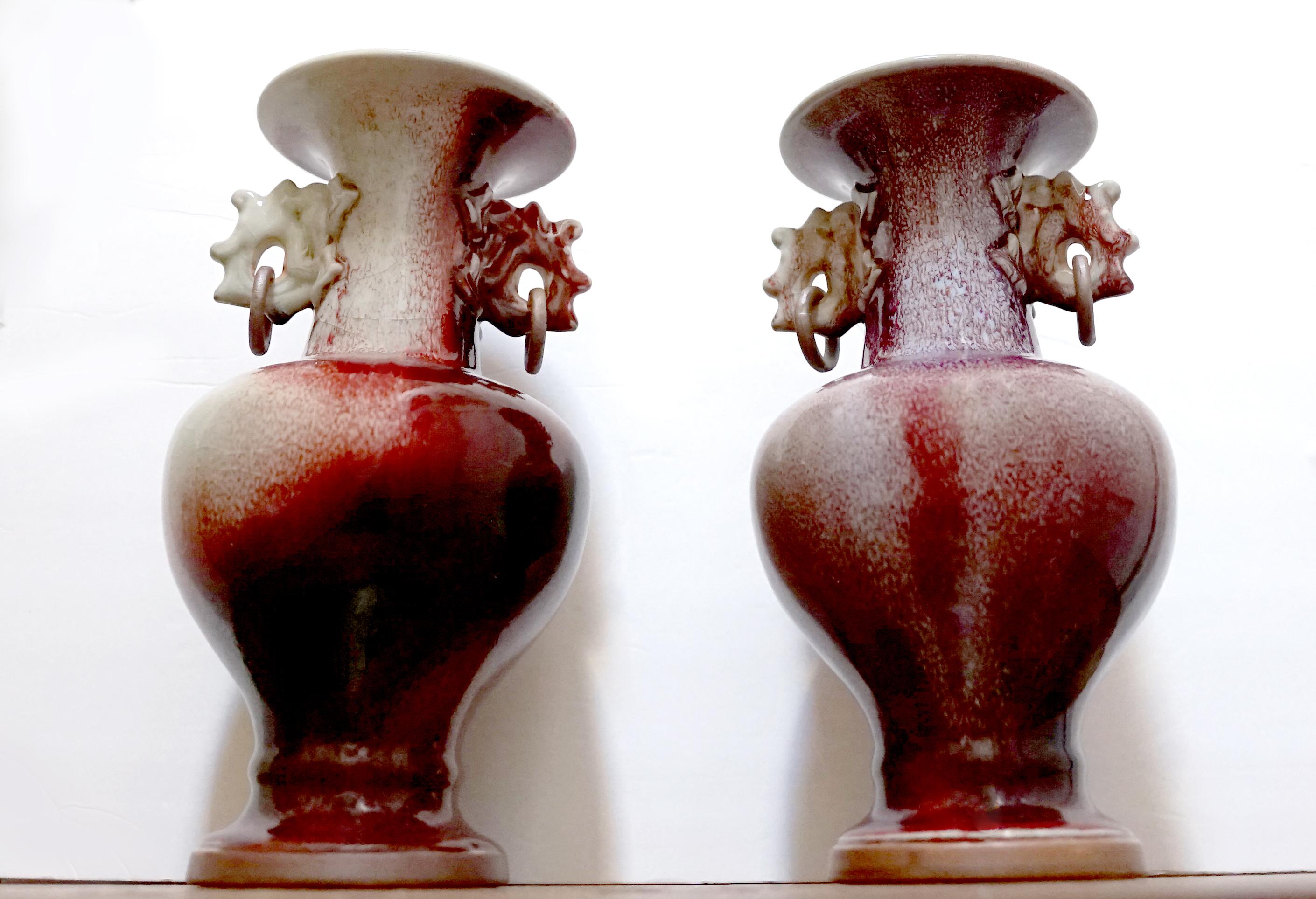 Pair of 19th Century Sang de Boeuf Oxblood Turquoise Vases with Copper Rings For Sale 1