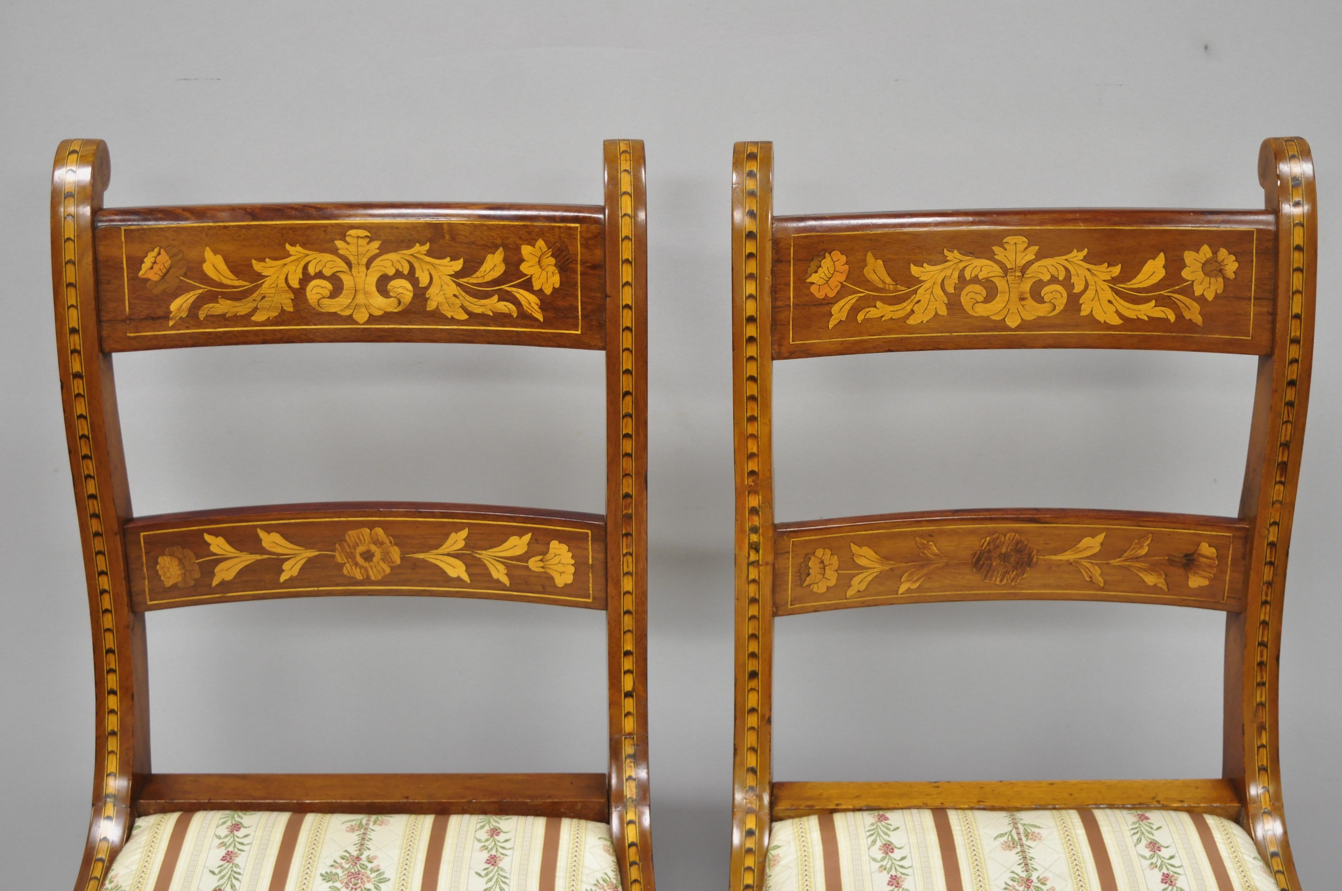 Mahogany Pair of 19th Century Satinwood Dutch Marquetry Inlay Regency Side Chairs