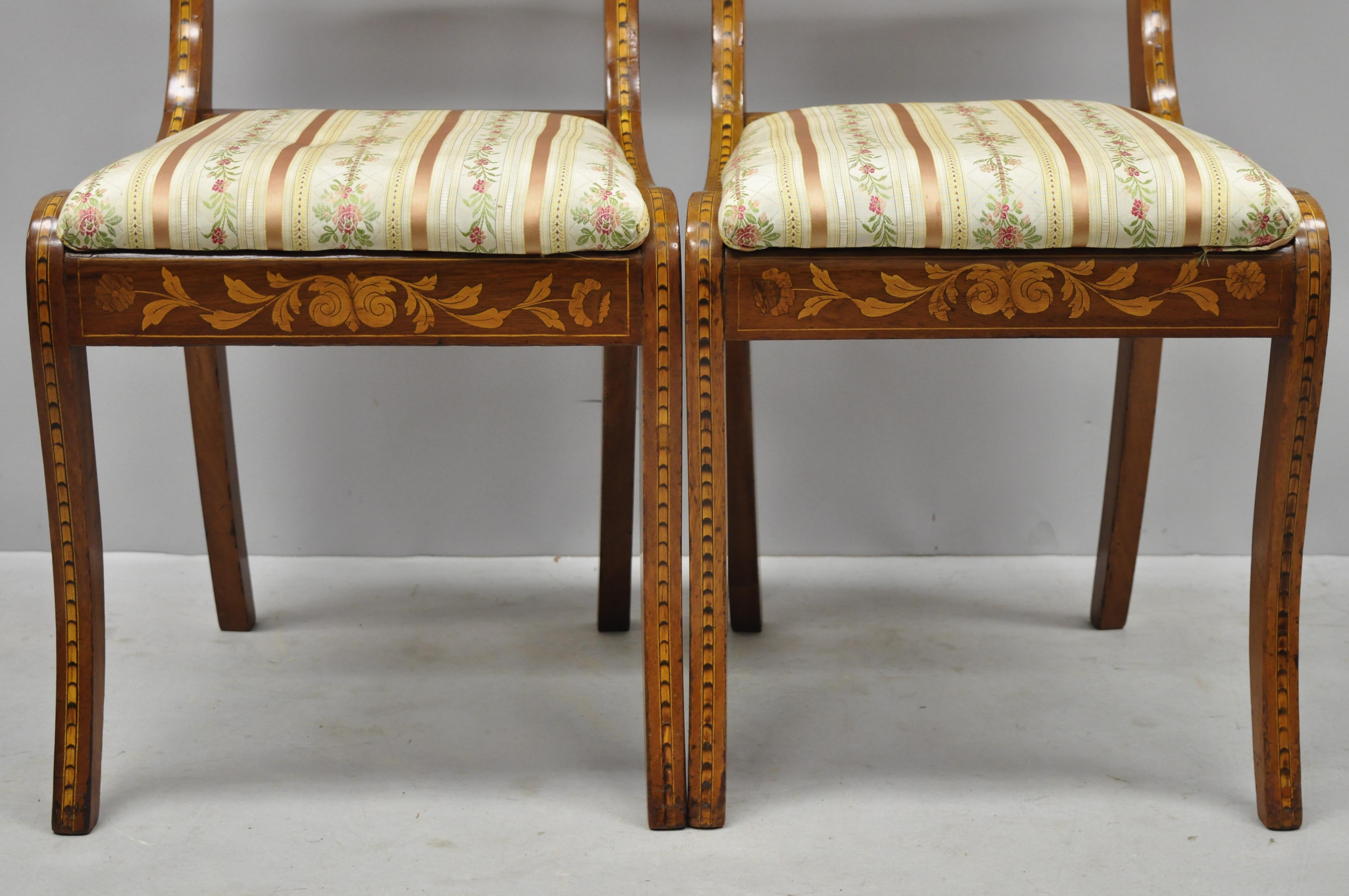 Pair of 19th Century Satinwood Dutch Marquetry Inlay Regency Side Chairs 1