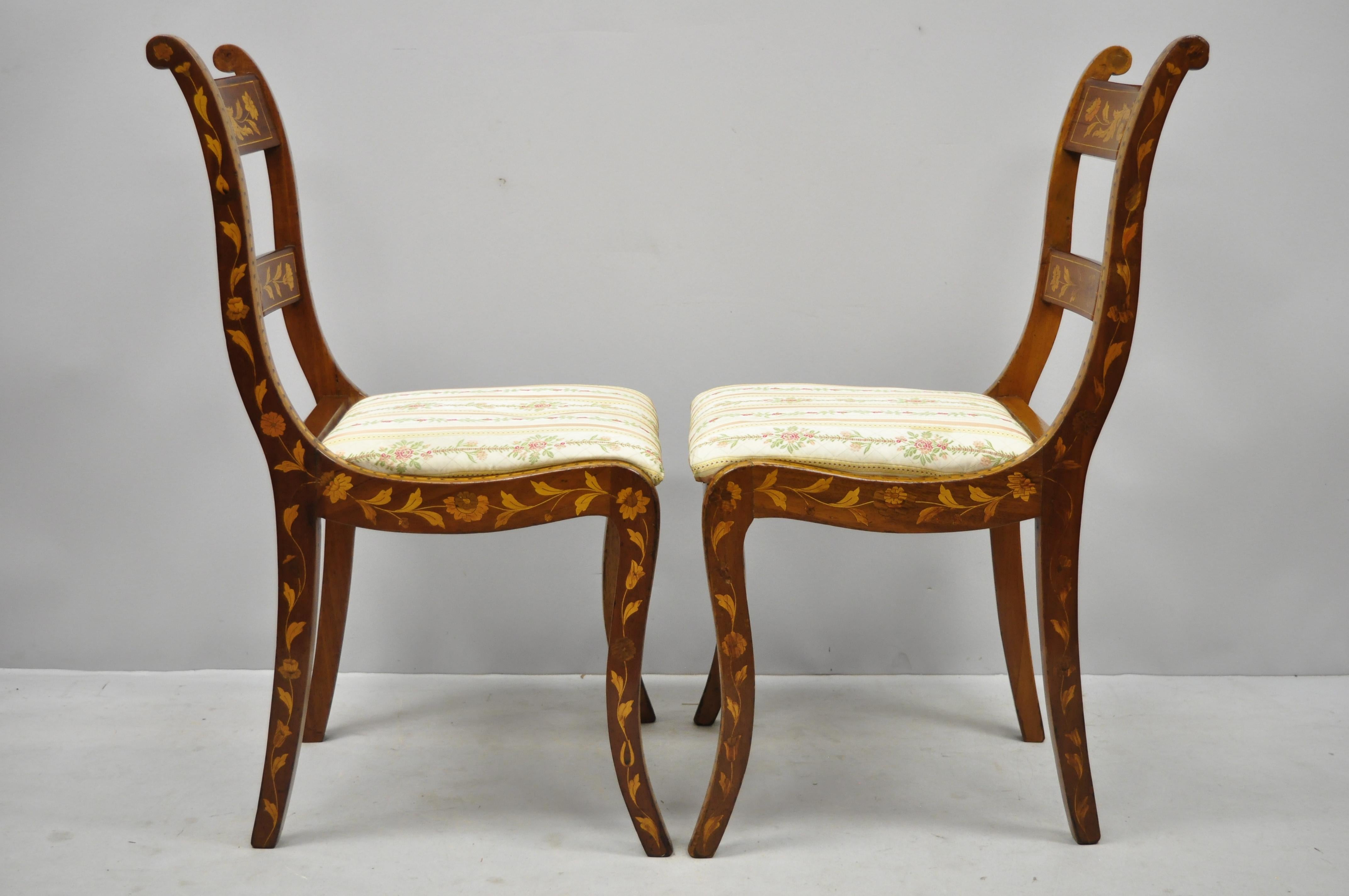 Pair of 19th Century Satinwood Dutch Marquetry Inlay Regency Side Chairs 2