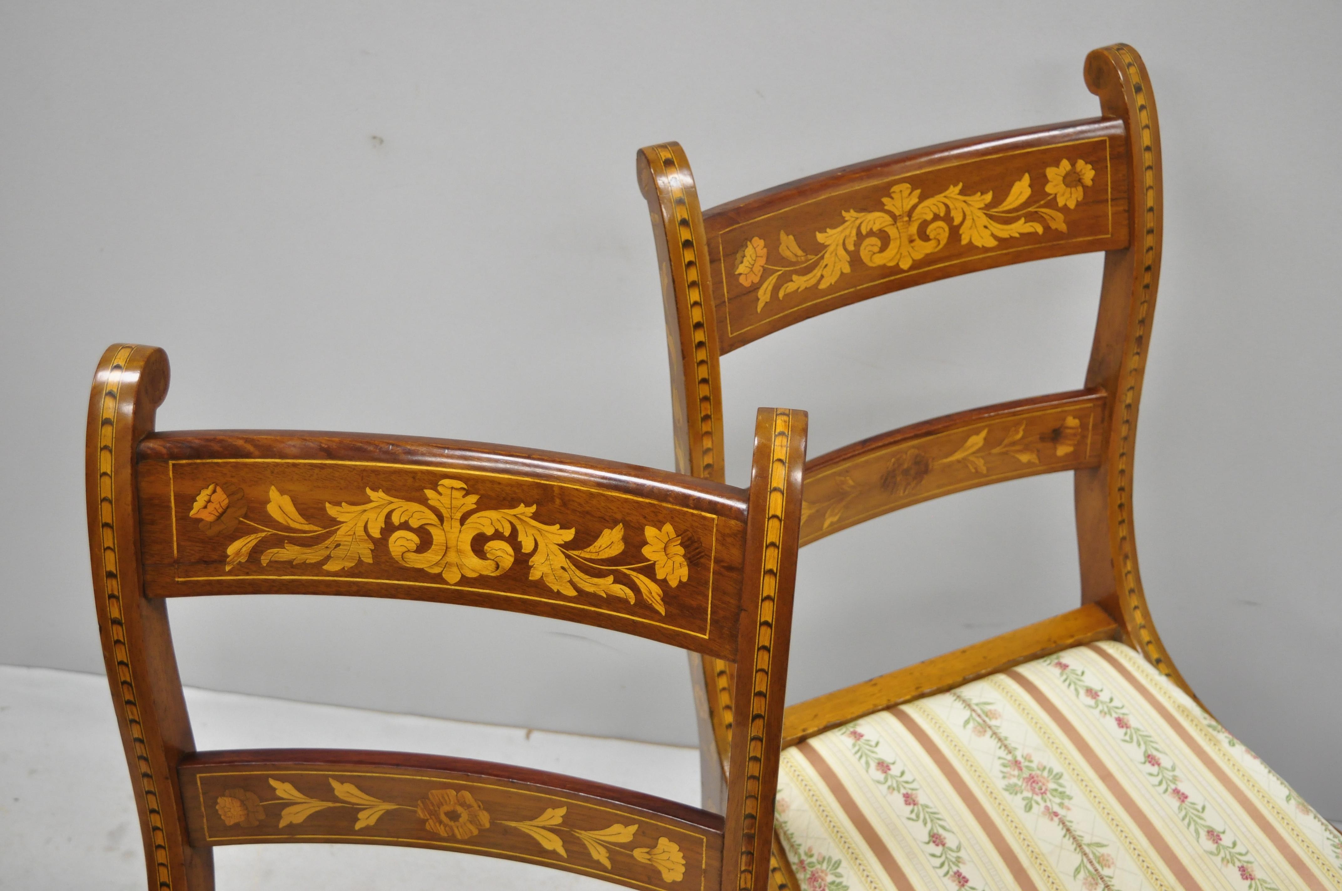 Pair of 19th Century Satinwood Dutch Marquetry Inlay Regency Side Chairs 3