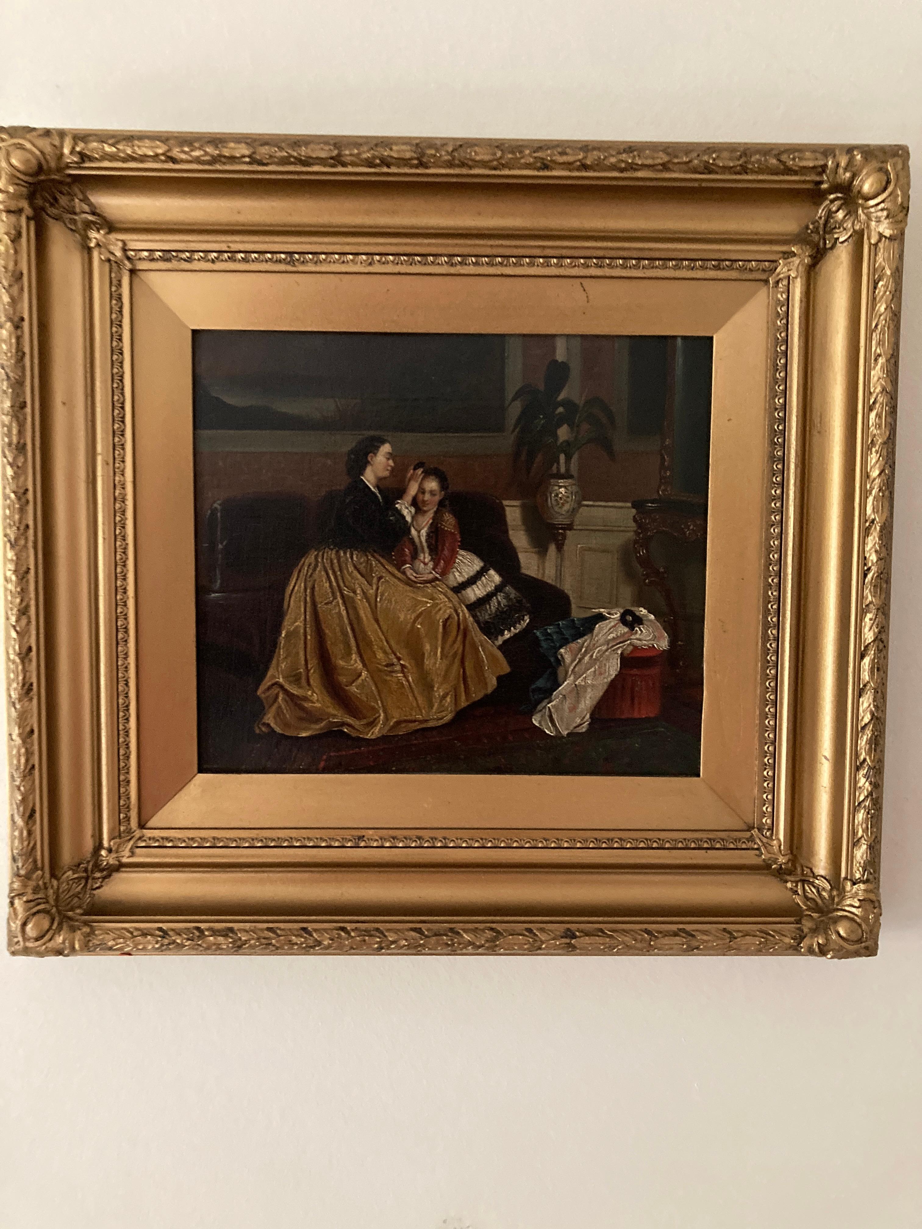 A pair of domestic conversation pieces, one showing a girl teasing kitten with her mother's skein of silk, the other a mother dressing daughter for  fancy dress party. Both oils on canvas laid down on board, unsigned, contemporary gilt gallery