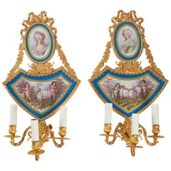 Pair of 19th Century Sconces, Napoleon III Period, Gilt Bronze and Porcelain