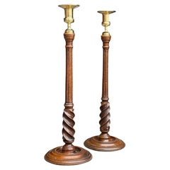 Antique Pair of 19th Century Scottish Mahogany & Brass Candlesticks