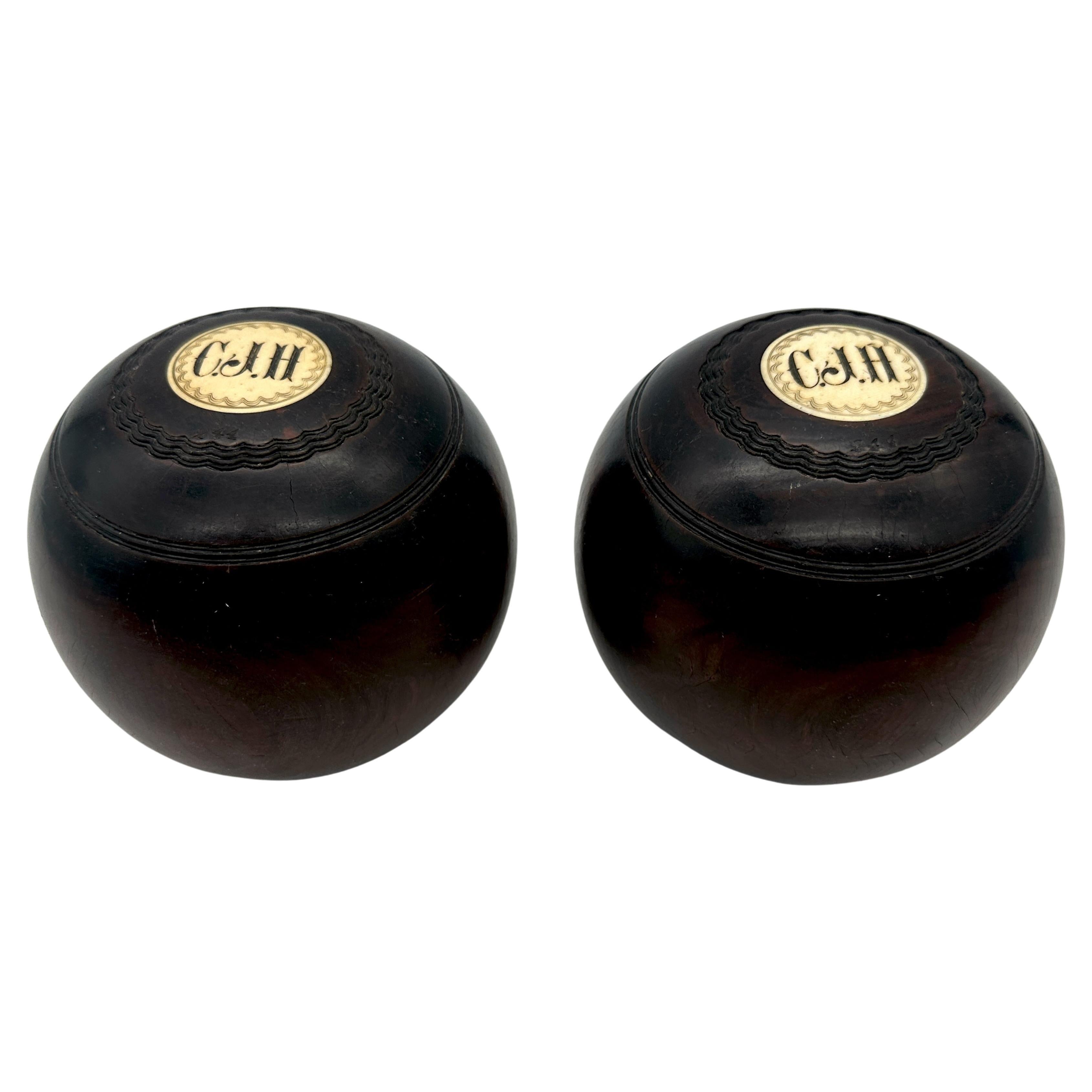 Pair of 19th Century Scottish  Monogramed Hardwood Lawn Balls