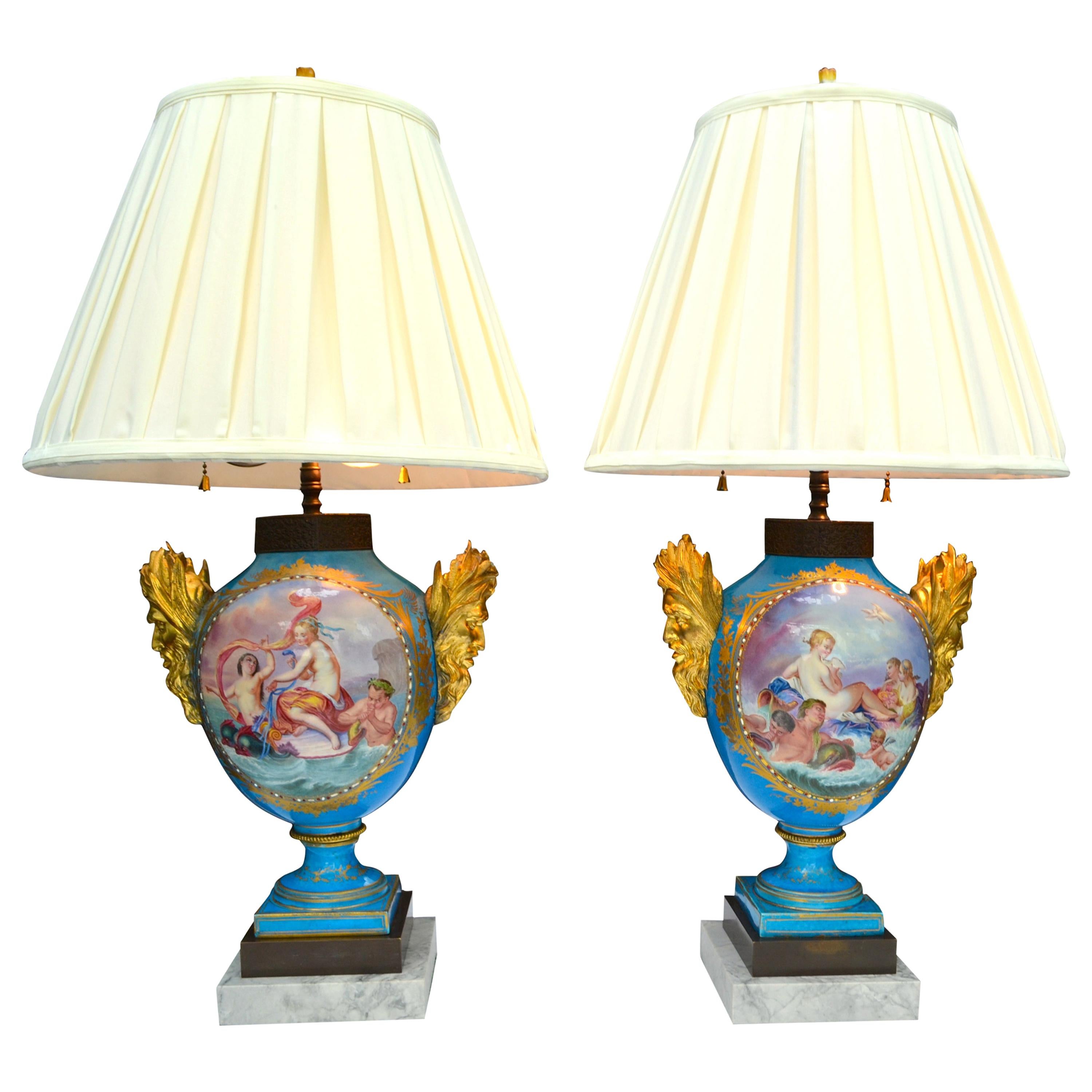 Pair of 19th Century Sèvres and Gilt Bronze Baluster Vase Lamps