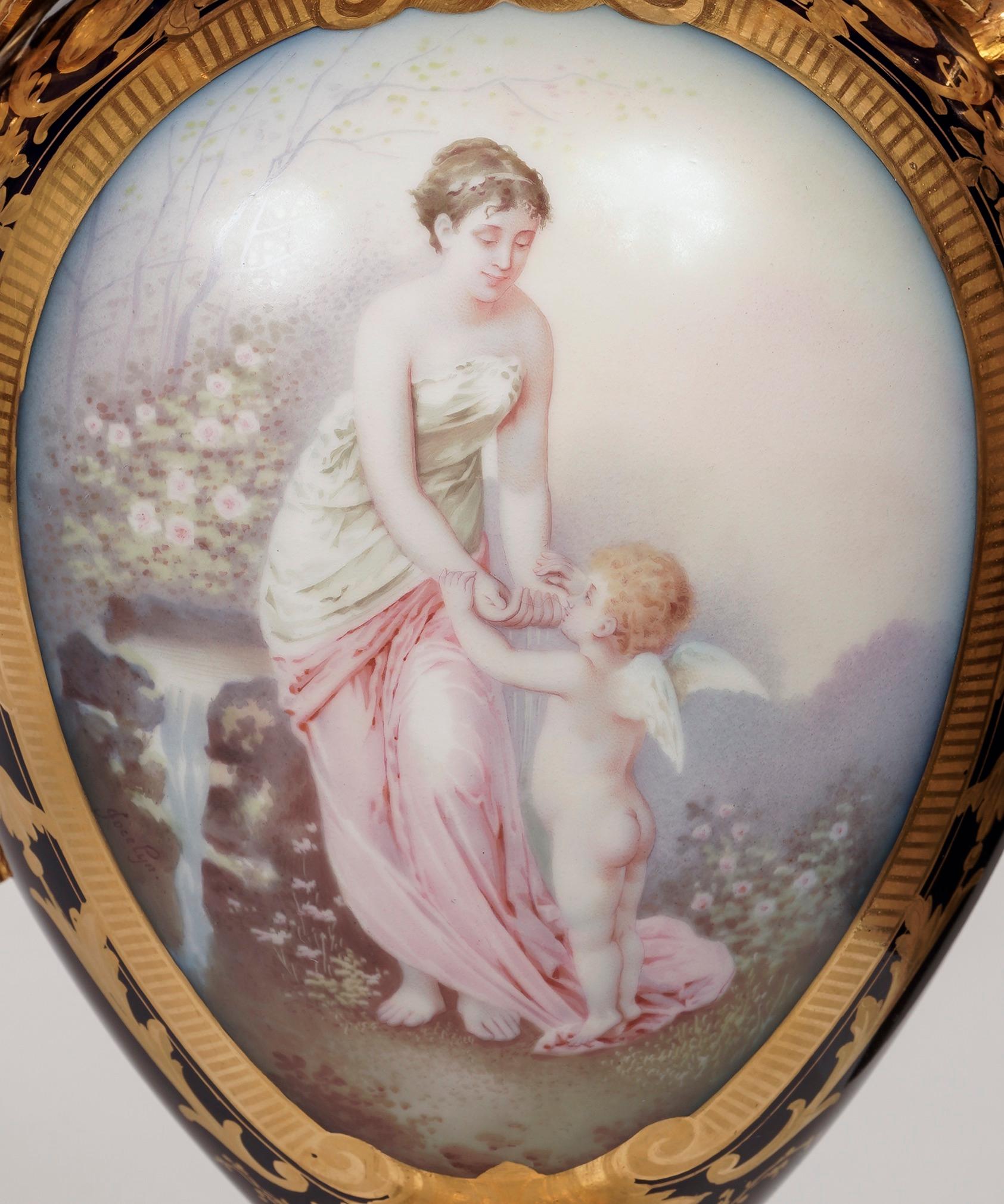 French Pair of 19th Century 'Sèvres' Beau Bleu Painted Porcelain Vases For Sale