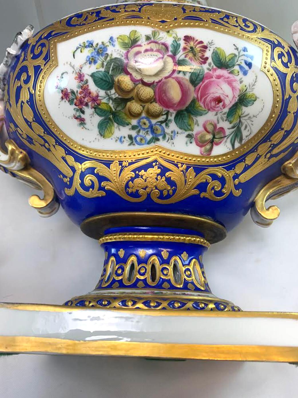 Pair of 19th Century Sèvres Hand Painted Reticulated Covered Urns 6