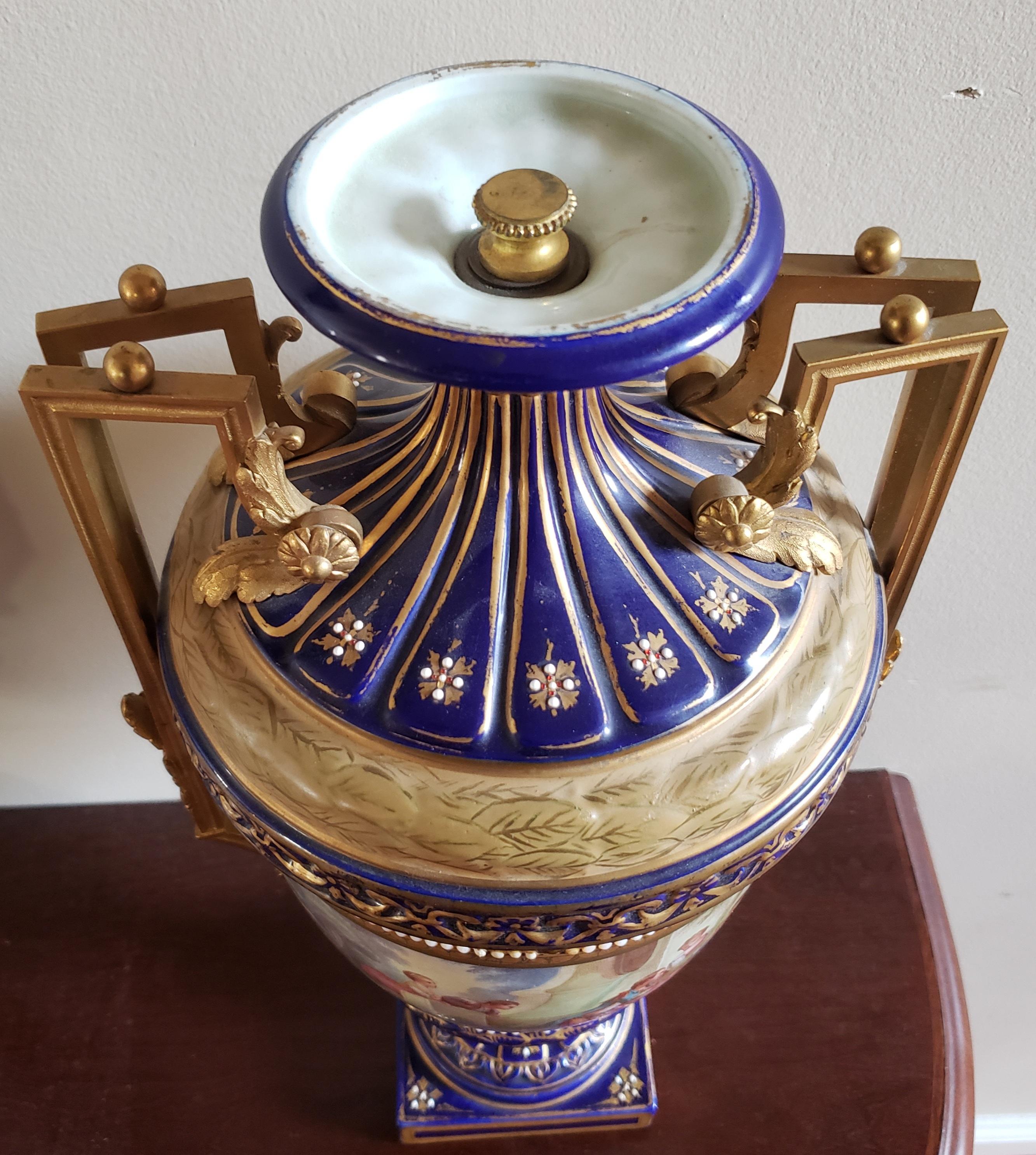 Pair of 19th Century Sevres Porcelain Hand Painted Cobalt & Gilt Decorated Urns For Sale 3