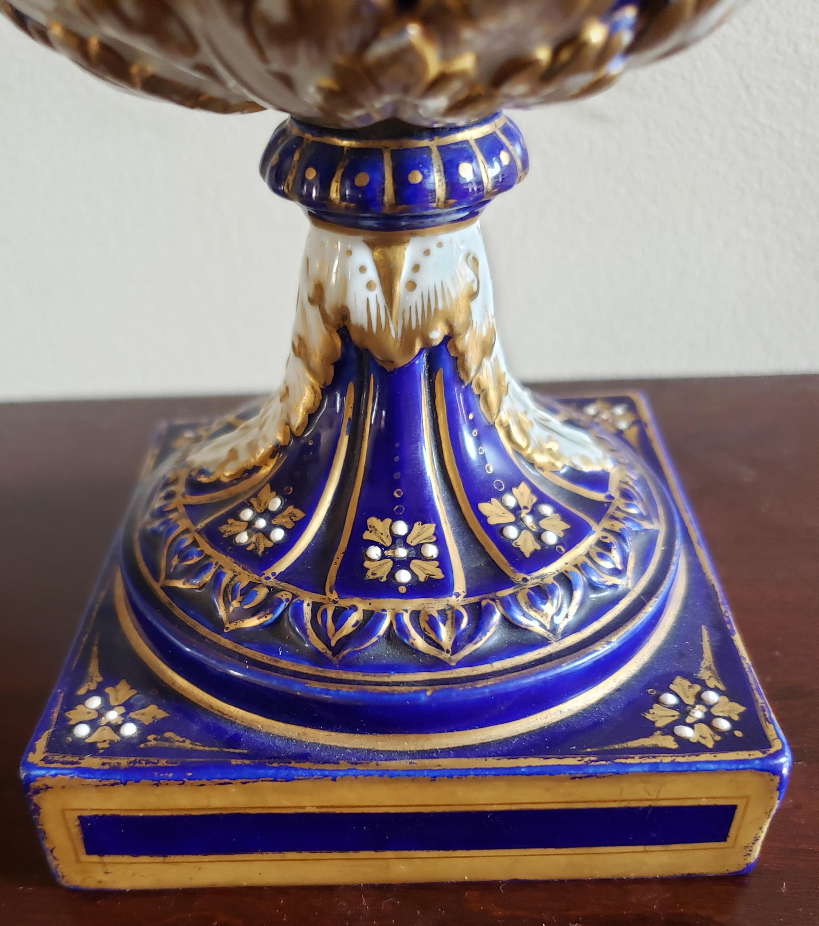 Pair of 19th Century Sevres Porcelain Hand Painted Cobalt & Gilt Decorated Urns For Sale 4