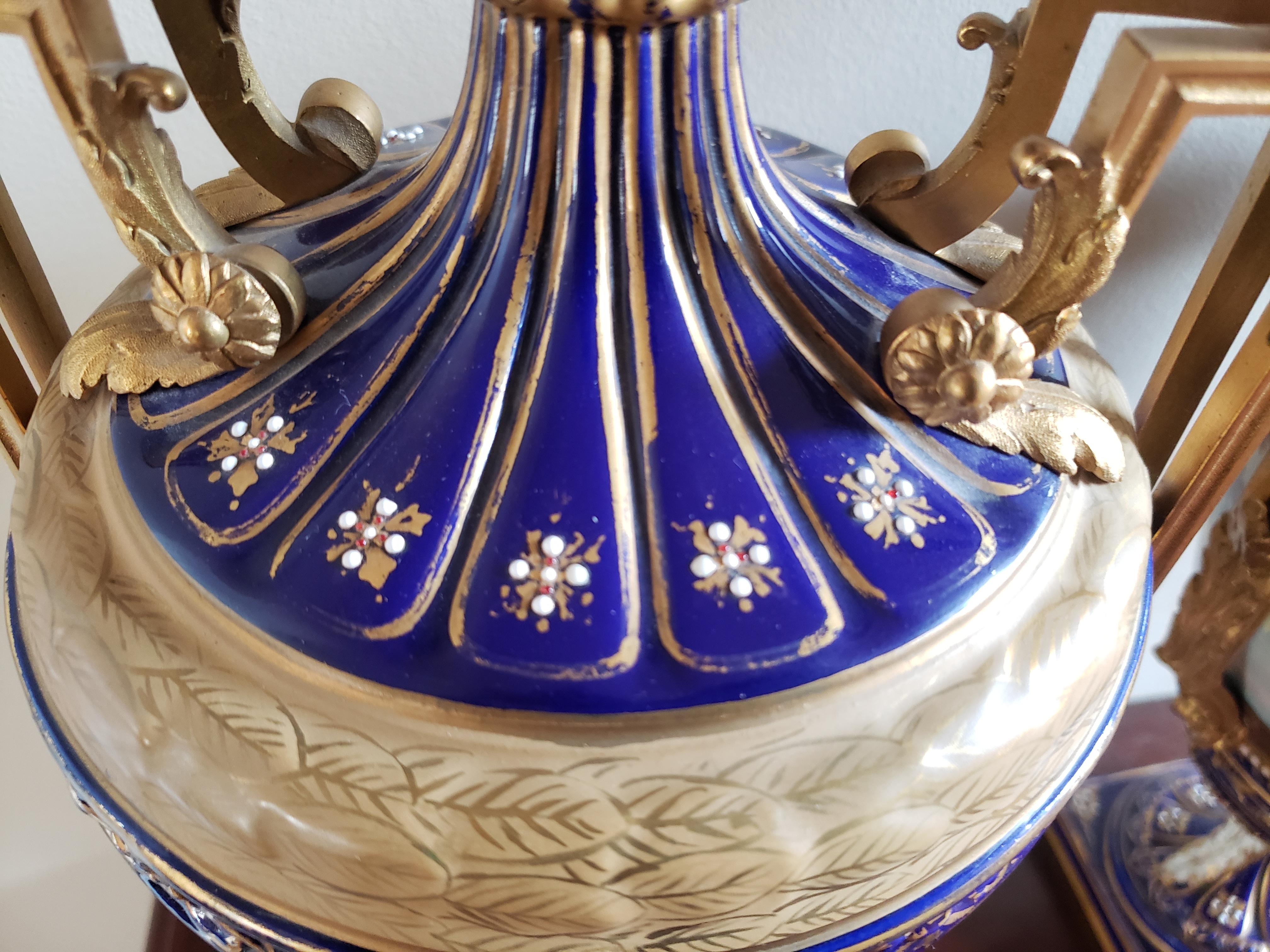 Pair of 19th Century Sevres Porcelain Hand Painted Cobalt & Gilt Decorated Urns For Sale 8